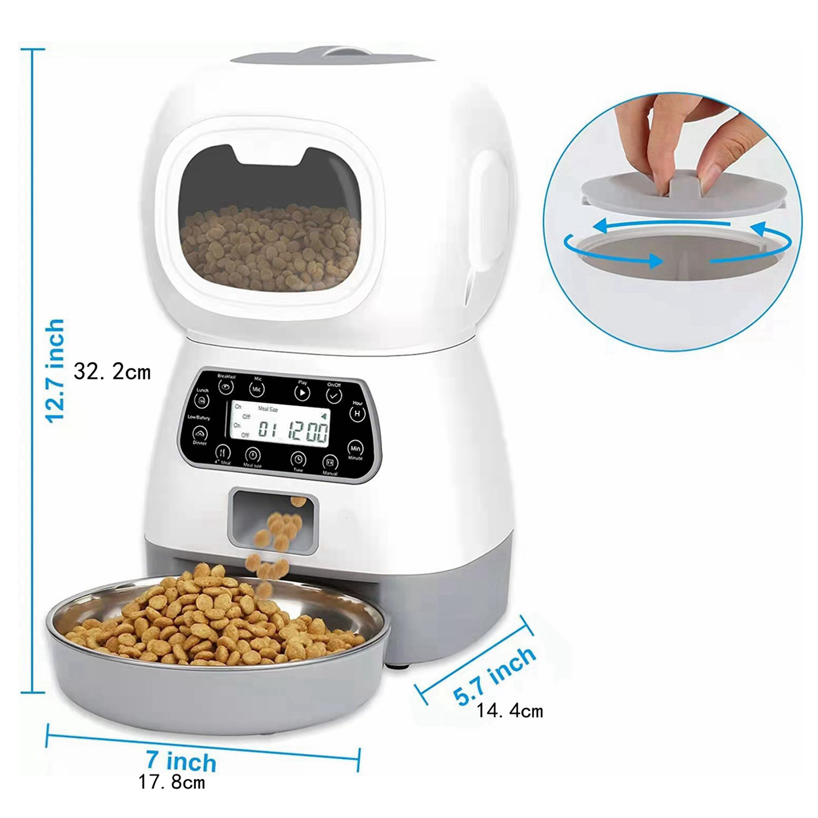 Weiß-grauer Futterautomat mit Schüssel. Der Automat gibt Futter aus, Maße sind angegeben.