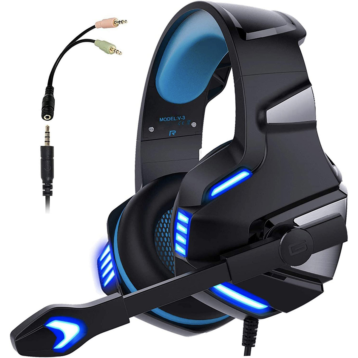 Gaming-Headset, schwarz mit blauen Akzenten und Lichtern. Enthält Mikrofon und Audio-Eingangskabel.