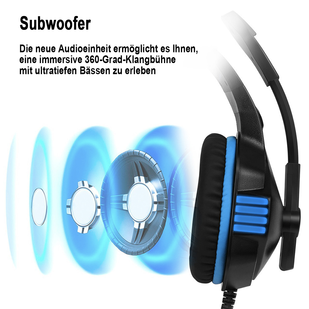 Kopfhörer mit blauen Akzenten. Das Bild hebt den Subwoofer und die Schallwellen hervor.