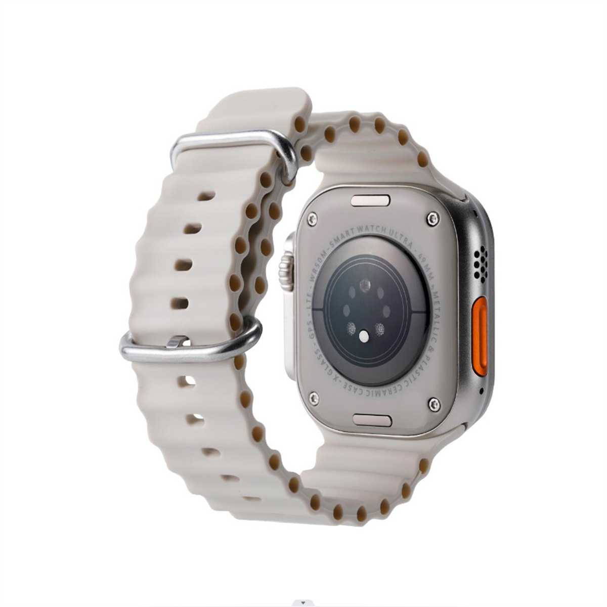 Rückansicht einer silbernen Smartwatch mit weißem Armband, die Sensoren und Bedienelemente zeigt.