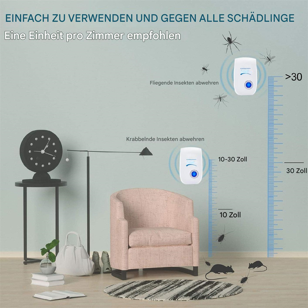 Diagramm zur Schädlingsbekämpfung mit zwei Geräten, einem Stuhl und einem Tisch. Insekten, eine Uhr und eine Pflanze sind ebenfalls abgebildet.