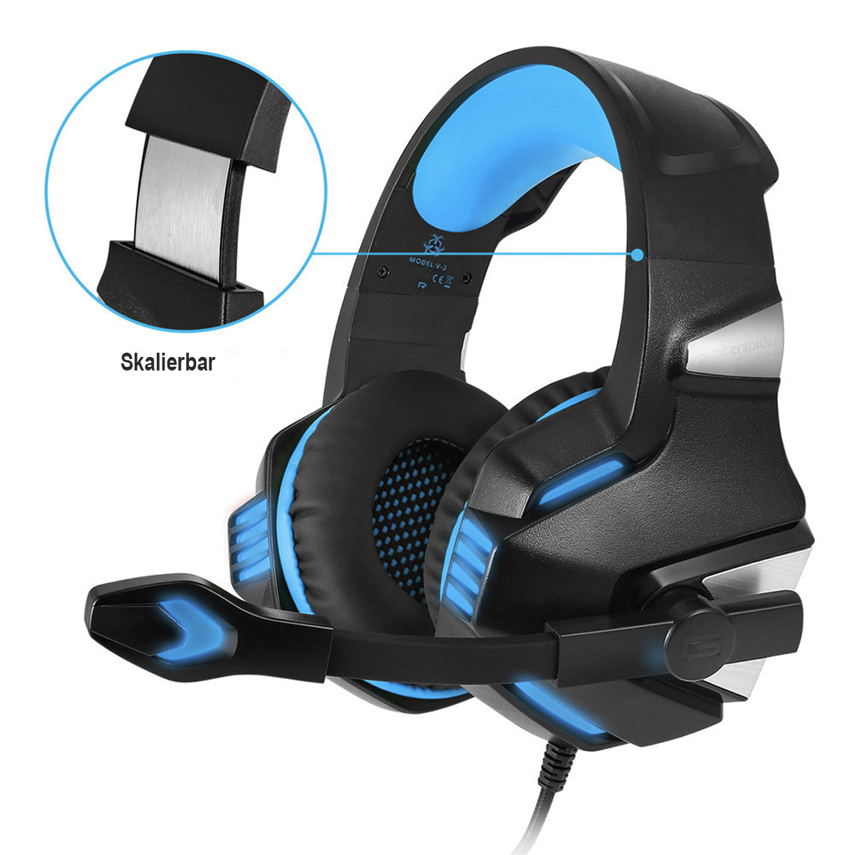 Schwarzes und blaues Gaming-Headset mit Mikrofon und verstellbarem Kopfband.