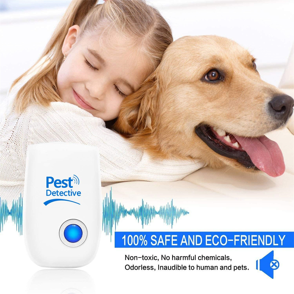Ein Schädlingsbekämpfungsgerät neben einem Hund, den ein Mädchen umarmt. Text: '100% SICHER UND UMWELTFREUNDLICH'.