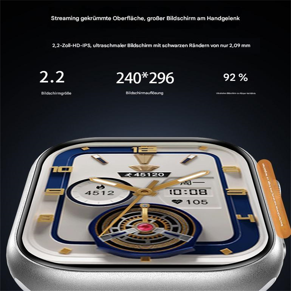 Eine Smartwatch zeigt ein digitales Display. Zahlen und eine Uhr sind auf dem Bildschirm.