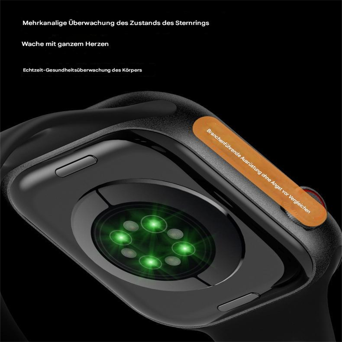 Nahaufnahme einer schwarzen Smartwatch mit grünen Lichtsensoren und schwarzem Armband, vor schwarzem Hintergrund.