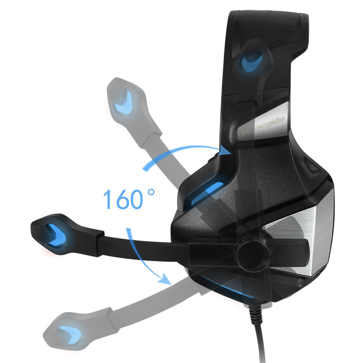 Schwarzes Gaming-Headset mit drehbarem Mikrofon. Das Mikrofon dreht sich bis zu 160 Grad.