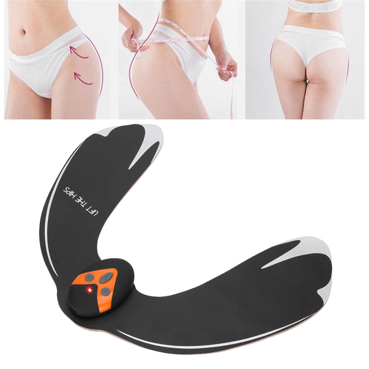 Drei Bilder des Körpers einer Frau und eines Hüft-Lifting-Geräts mit orangefarbenem Bedienfeld.