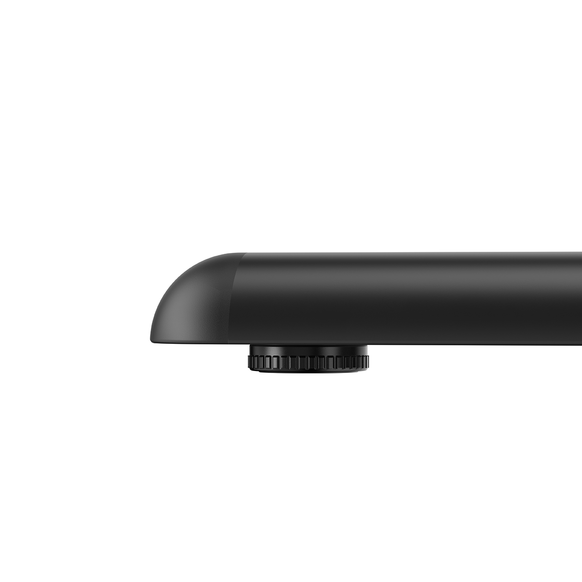 Ein schwarzes Mikrofon auf einer weißen Oberfläche, das Ende des Mikrofons mit dem Gewinde zeigend.