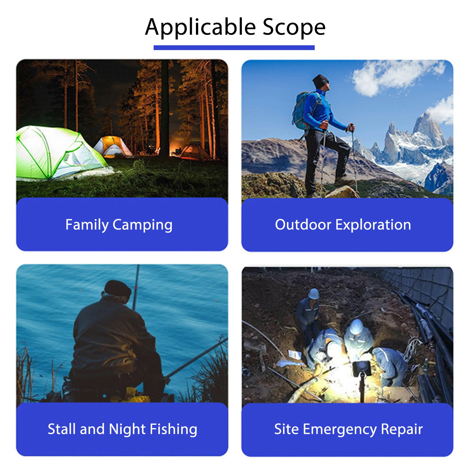 Vier kleine Bilder: Camping, Erkundung im Freien, Angeln und Baustellensanierung.