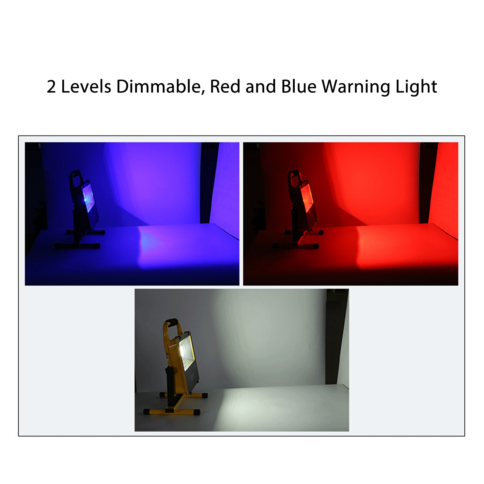 Drei Bilder einer gelben Arbeitsleuchte mit roten, blauen und weißen Lichtoptionen.
