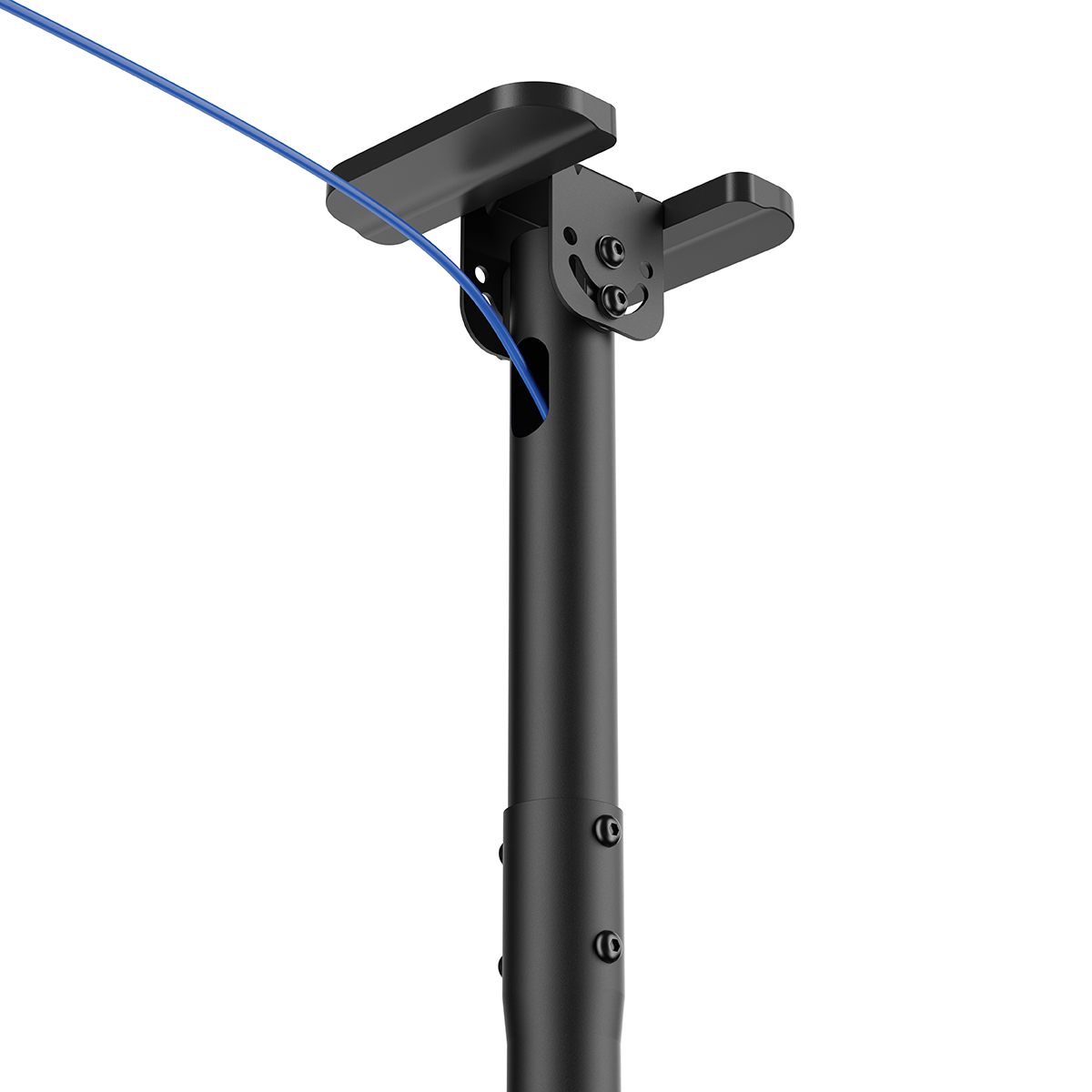 Eine schwarze Deckenhalterung mit einem blauen Kabel, das herunterhängt.