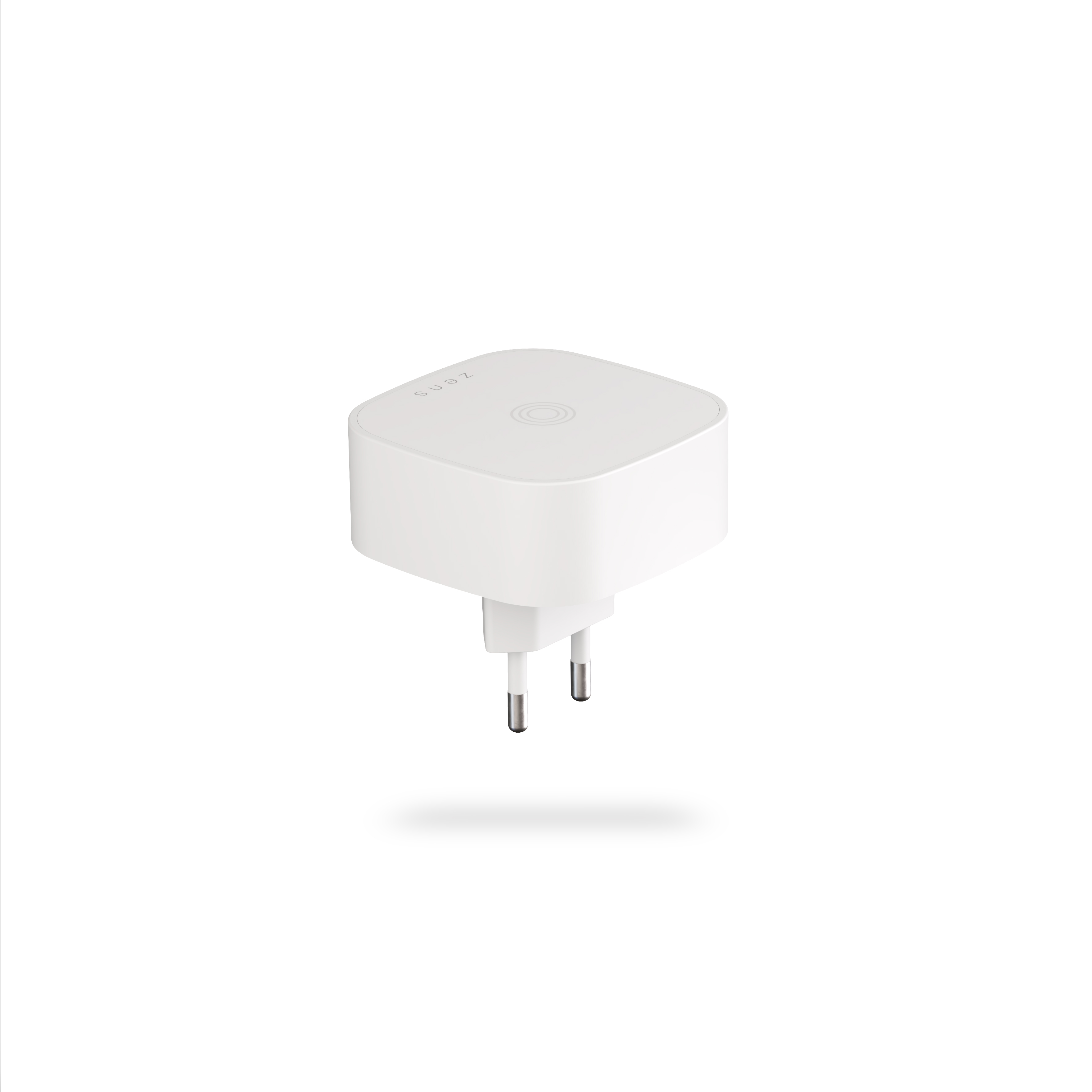 Ein weißer Steckeradapter mit einer kreisförmigen Oberseite und zwei Metallstiften.