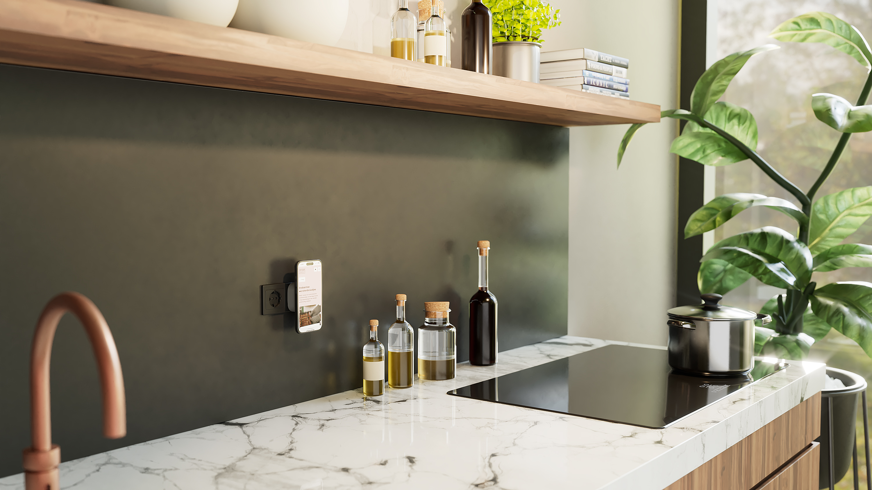 Eine Küchenszene mit einem Smartphone an der Wand, Marmor-Arbeitsplatte, Pflanzen und verschiedenen Flaschen.