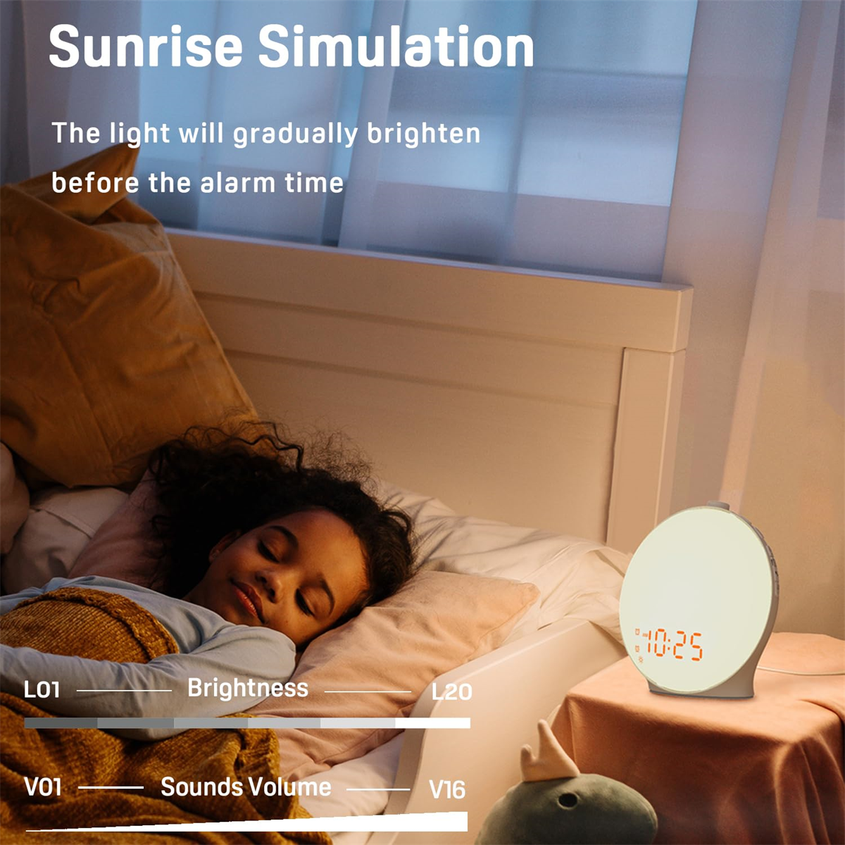 Ein Mädchen schläft im Bett mit einem Sonnenaufgangs-Wecker. Die Uhr zeigt Zeit- und Helligkeitseinstellungen.