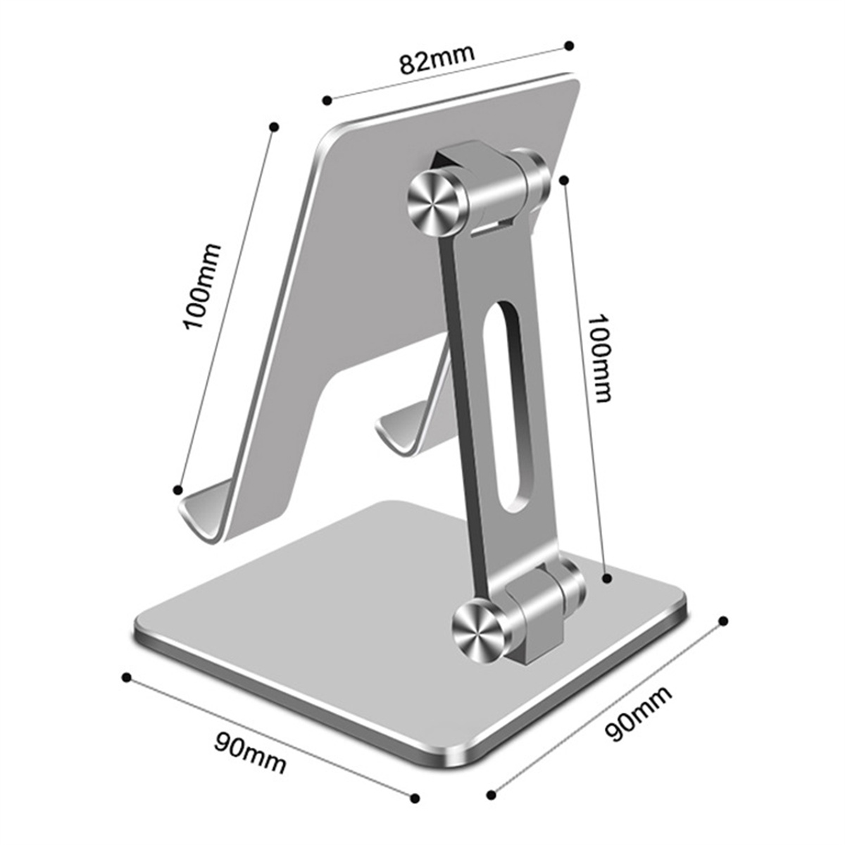 Silberner Tabletständer mit Maßen: 100mm x 90mm x 82mm. Einstellbar mit Schrauben.