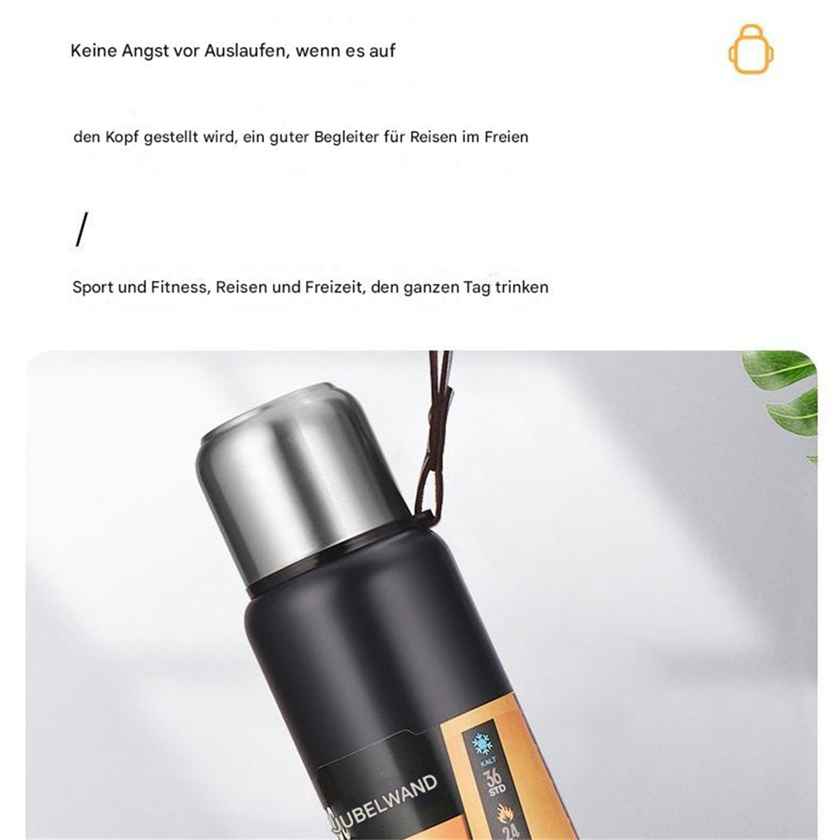 Schwarze und silberne Thermosflasche mit Text. Hintergrund zeigt Text und grünes Blatt.