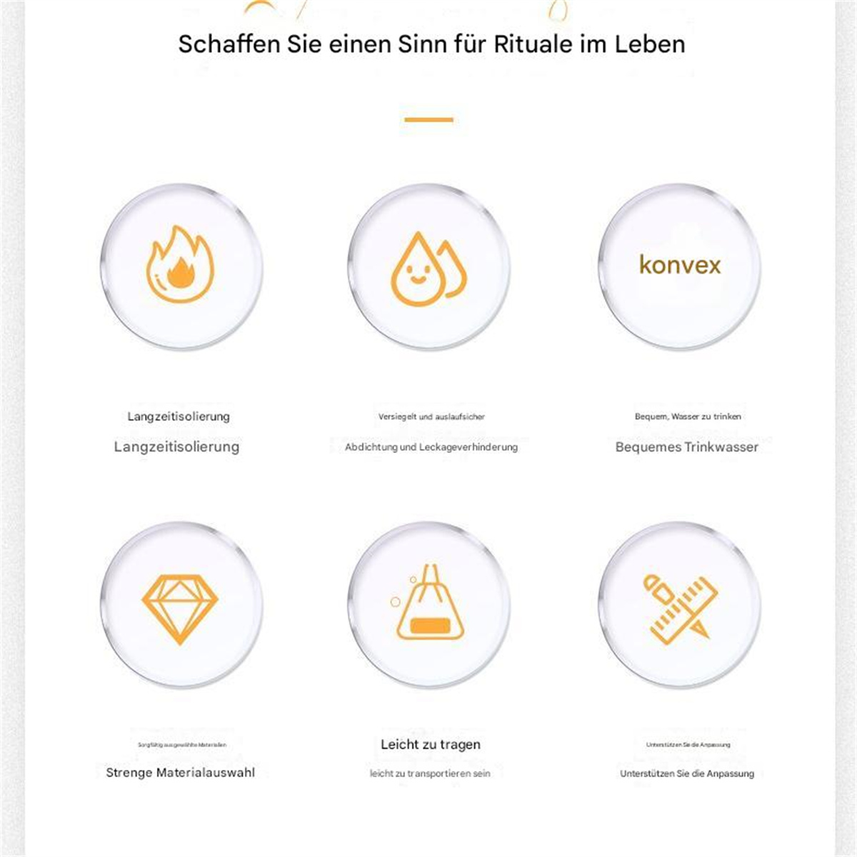 Das Bild zeigt sechs kreisförmige Symbole mit Text. Sie stellen Konzepte wie Feuer, Wasser und einen Diamanten dar.