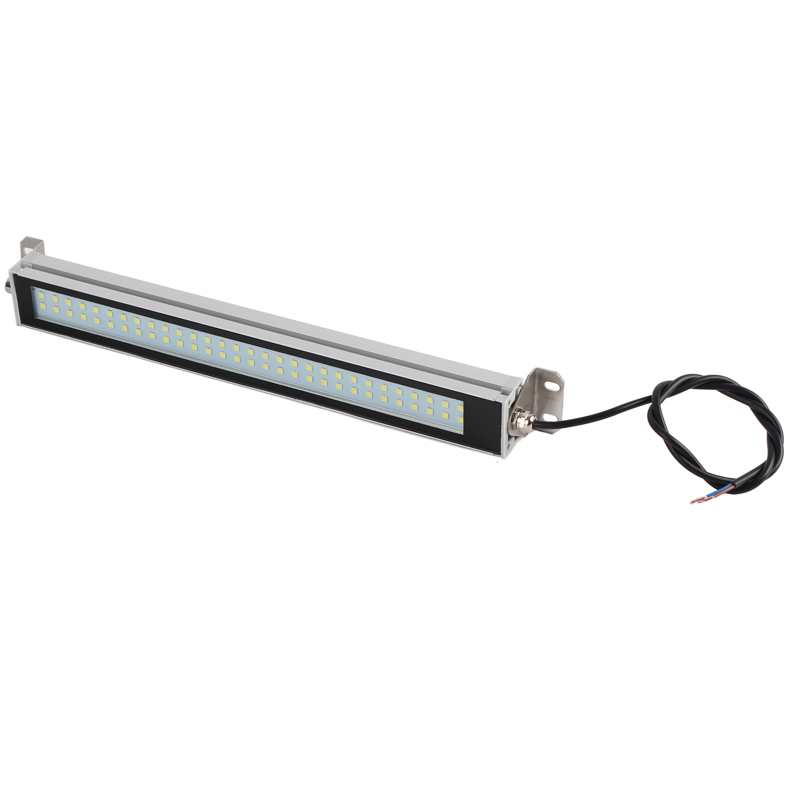 Eine lange, rechteckige LED-Leuchte mit mehreren LEDs und einem schwarzen Rahmen, mit angeschlossenem Stromkabel.
