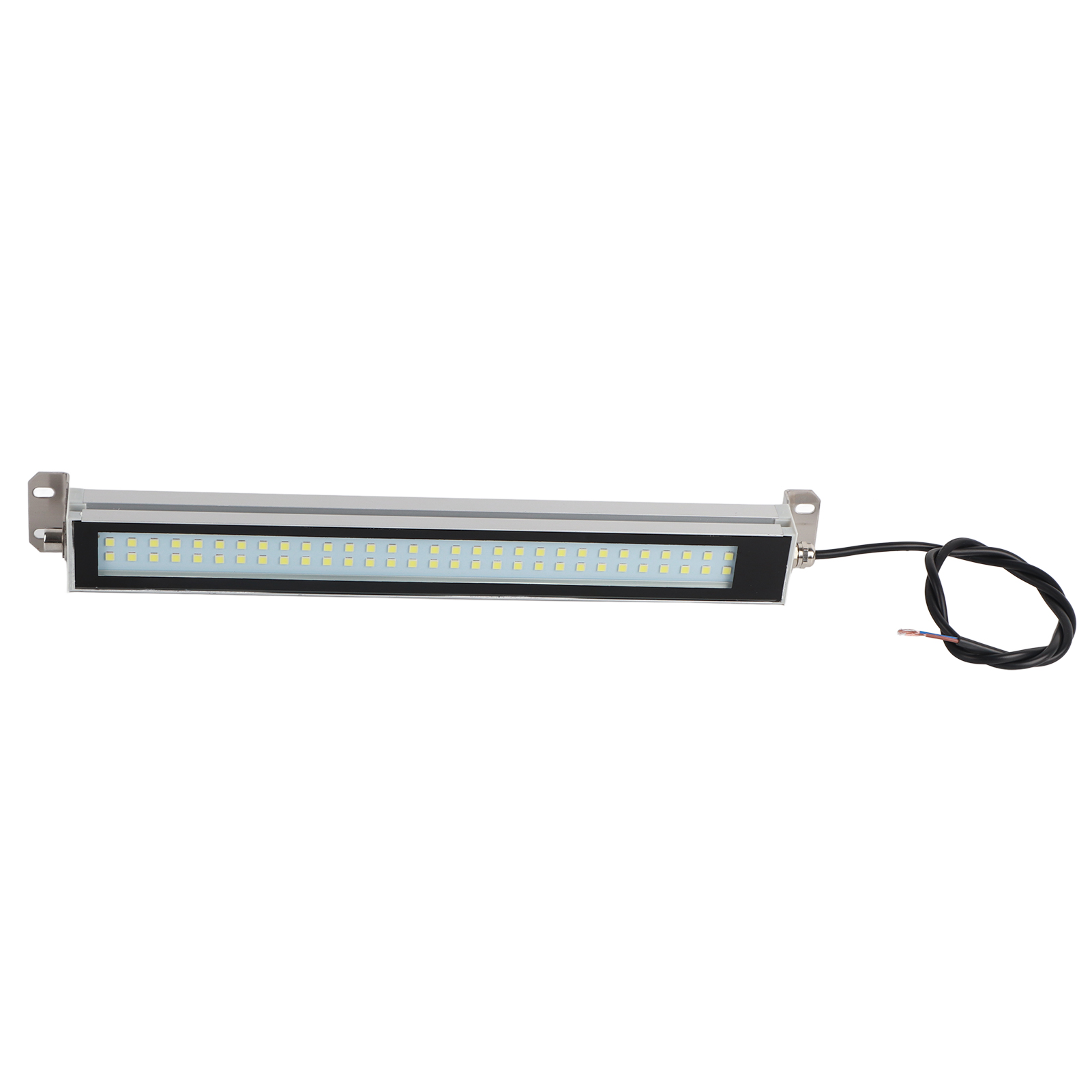 Langer LED-Lichtstreifen mit Halterungen und einem schwarzen Kabel.