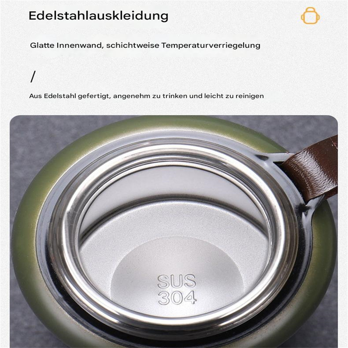 Eine grüne und silberne isolierte Wasserflasche. Edelstahl-Innenraum sichtbar.