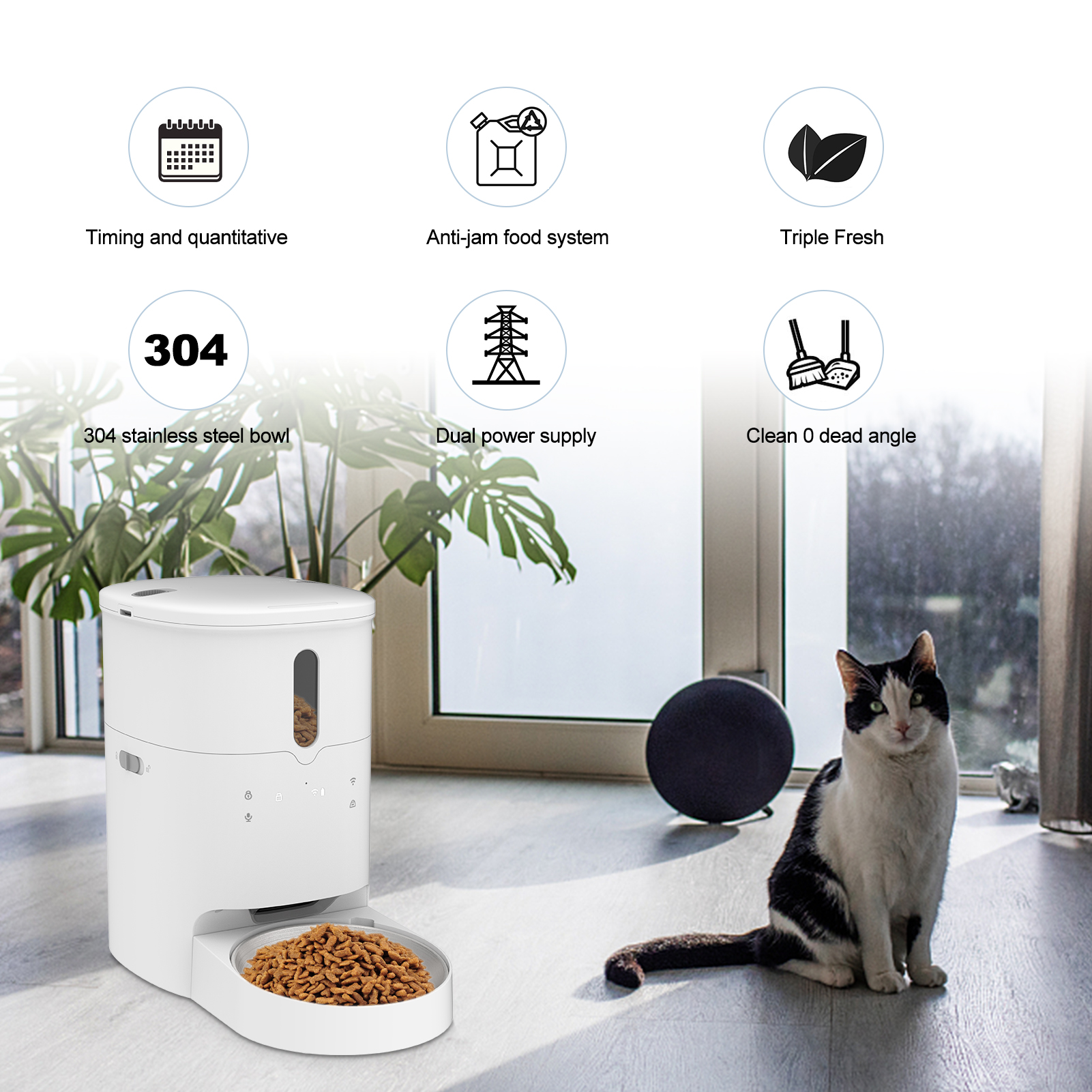Weißer Haustierfutterautomat mit Katze. Merkmale: Timing, Anti-Jam, dreifach frisch, 304 Stahl, Dual-Stromversorgung, sauberer Winkel.