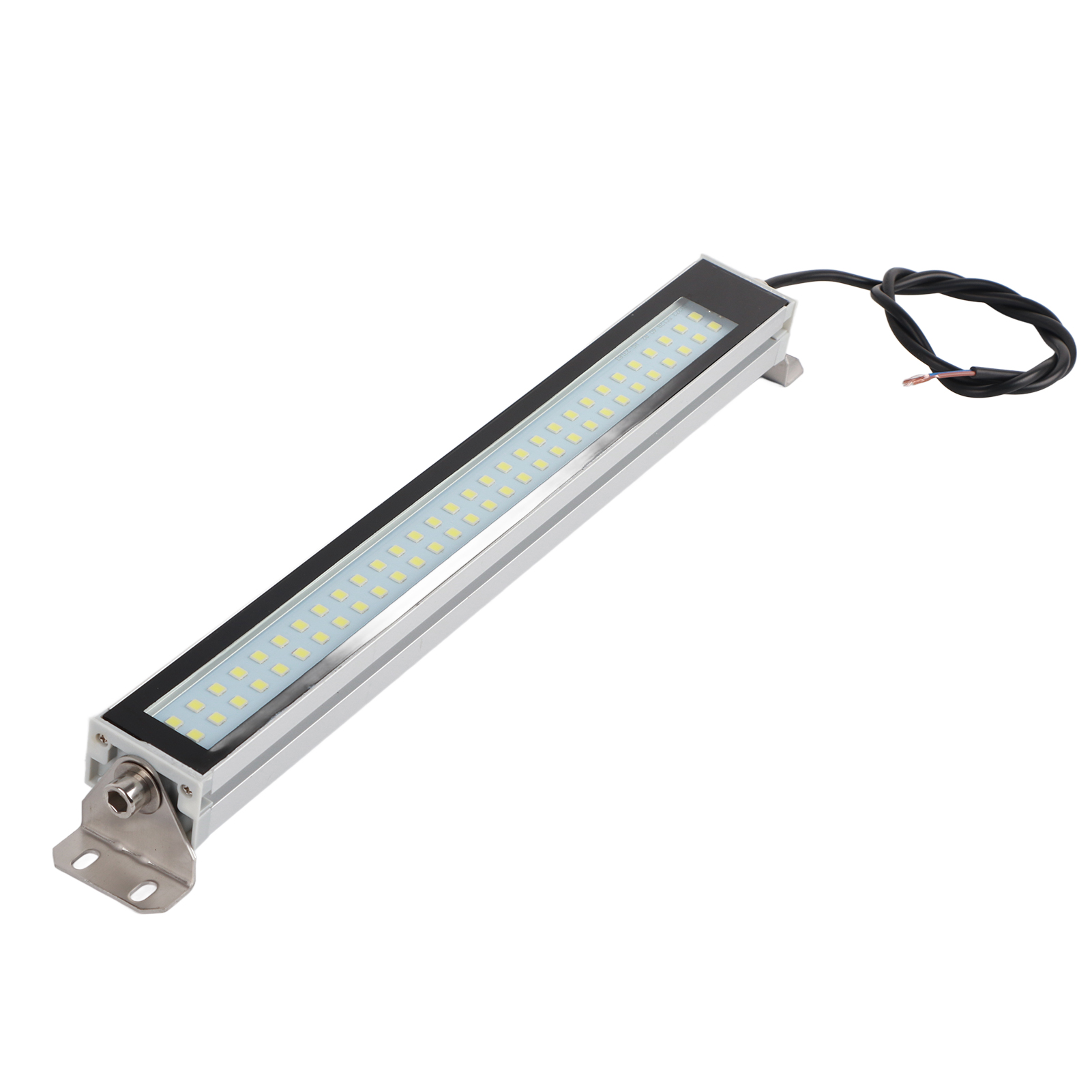 Eine rechteckige LED-Leuchte mit schwarzem Rahmen und silbernem Sockel.