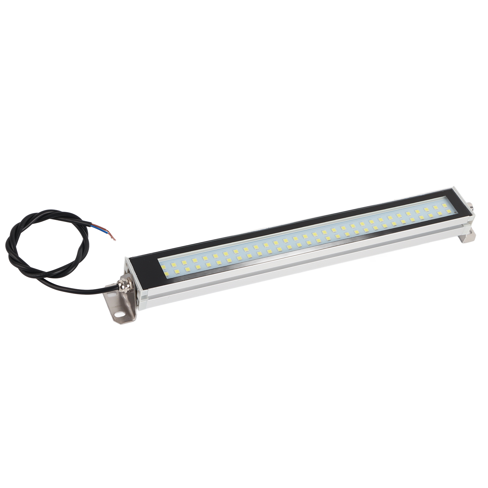 Eine silberne, rechteckige LED-Lichtleiste mit weißen LEDs, mit schwarzem Rahmen und Kabel.