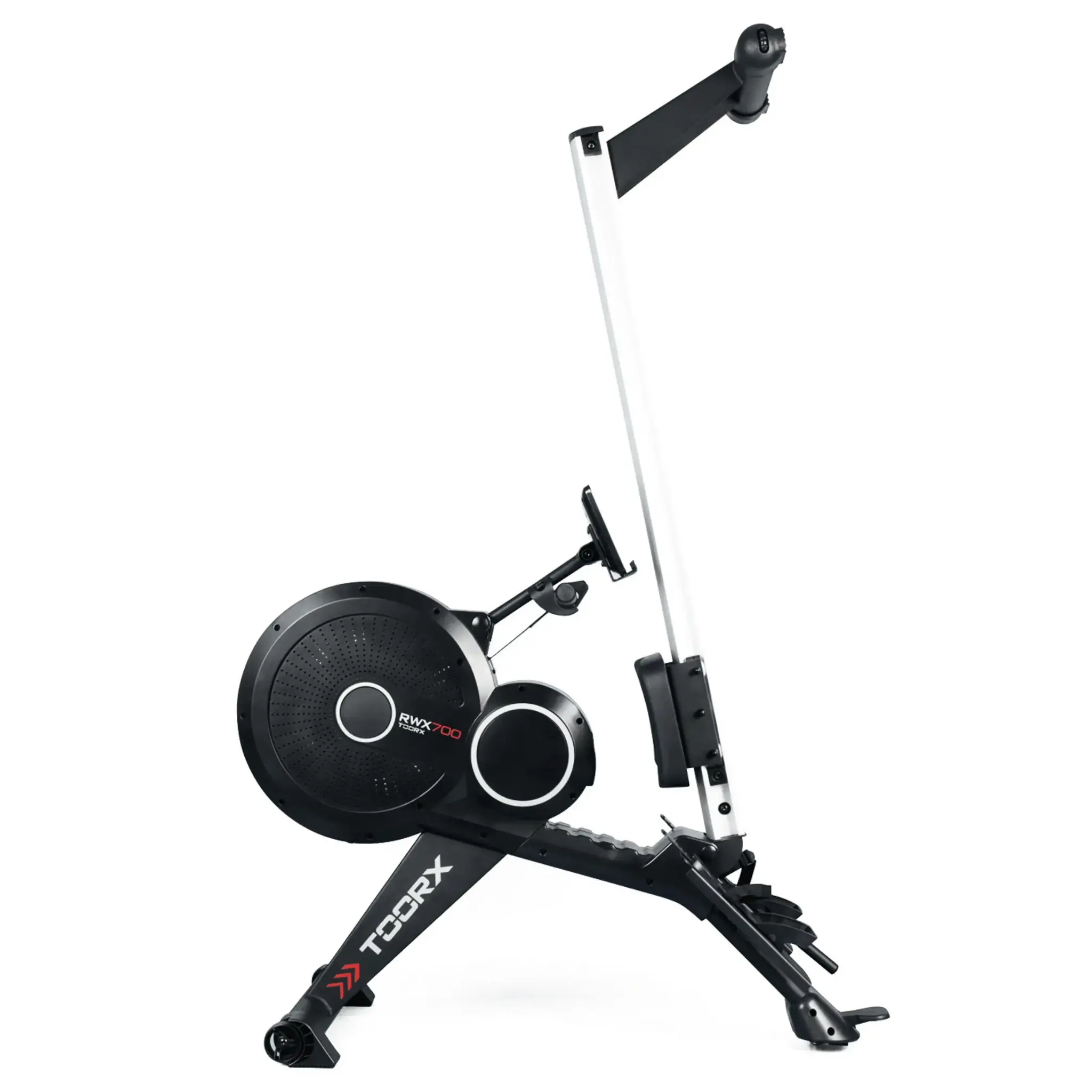 A black and white rowing machine on a white background.