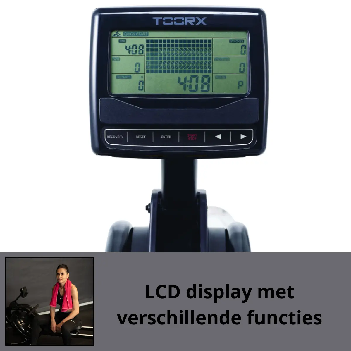 LCD-Anzeige eines Rudergeräts mit verschiedenen Funktionen. Im Hintergrund ist eine Frau zu sehen.