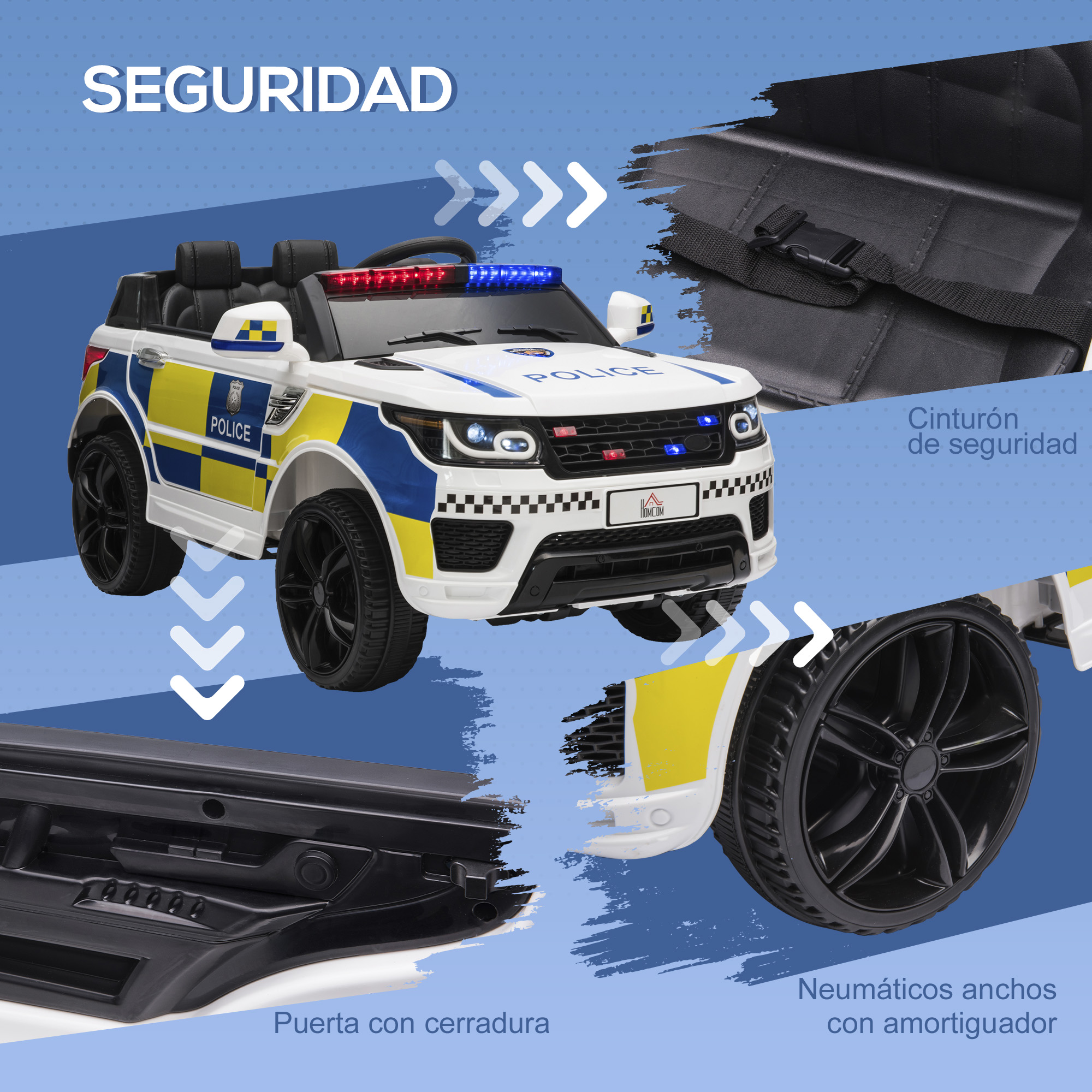 Un coche de policía de juguete blanco con ruedas negras y luces azules y rojas. Varios detalles de la imagen.
