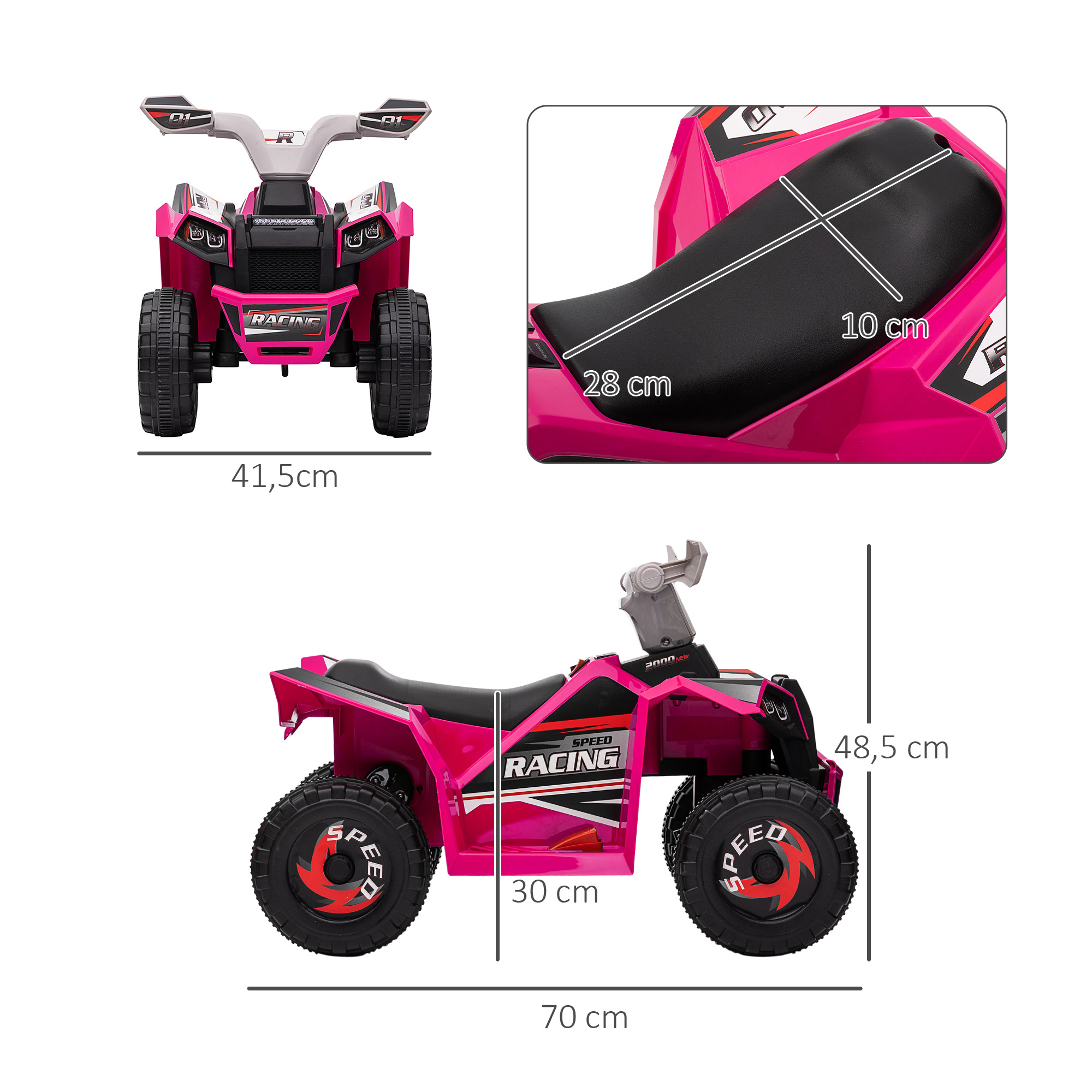 Un ATV de juguete rosa con dimensiones, mostrando vistas frontal y lateral con detalles del asiento y neumáticos.