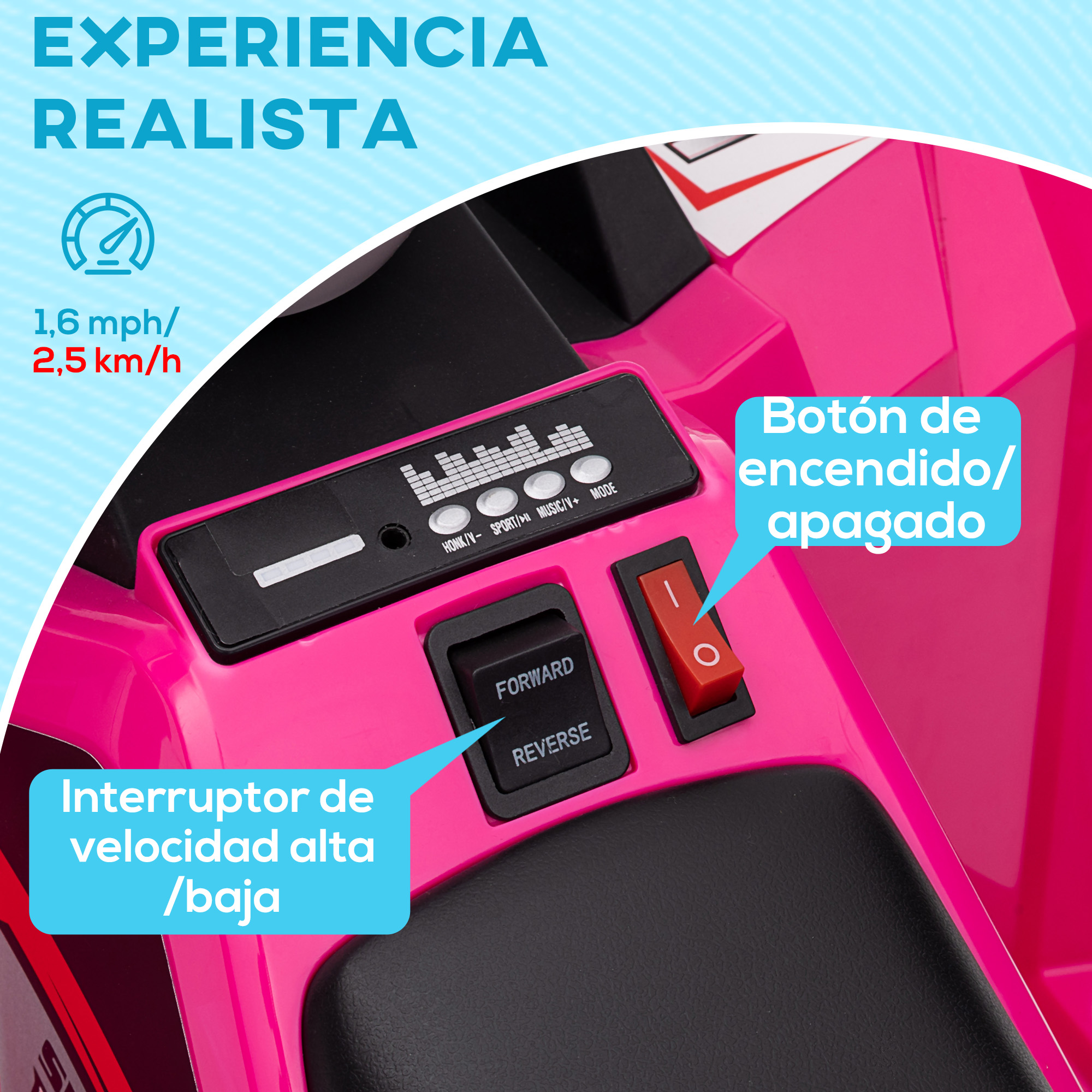 Panel de control de coche rosa para niños con controles. Incluye velocidad, música y botones de encendido.