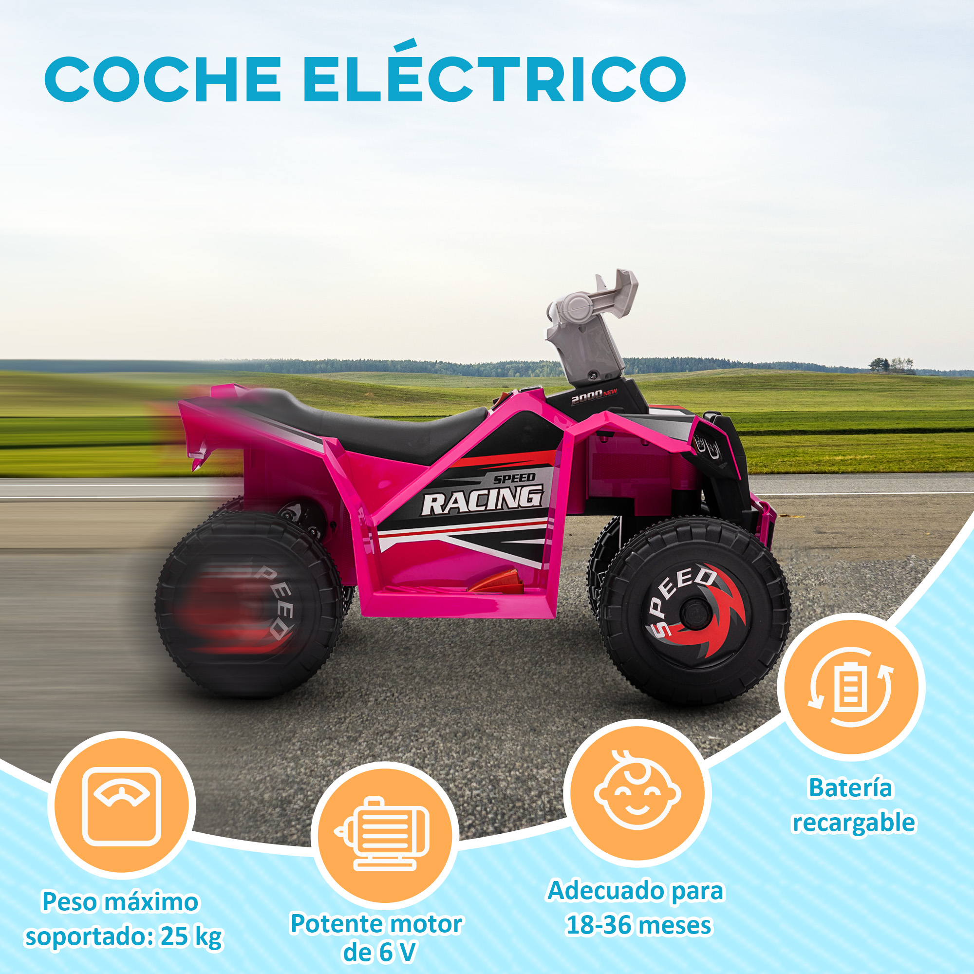Coche de juguete eléctrico rosa con el texto 'SPEED RACING'. Tiene neumáticos grandes e iconos de seguridad infantil.