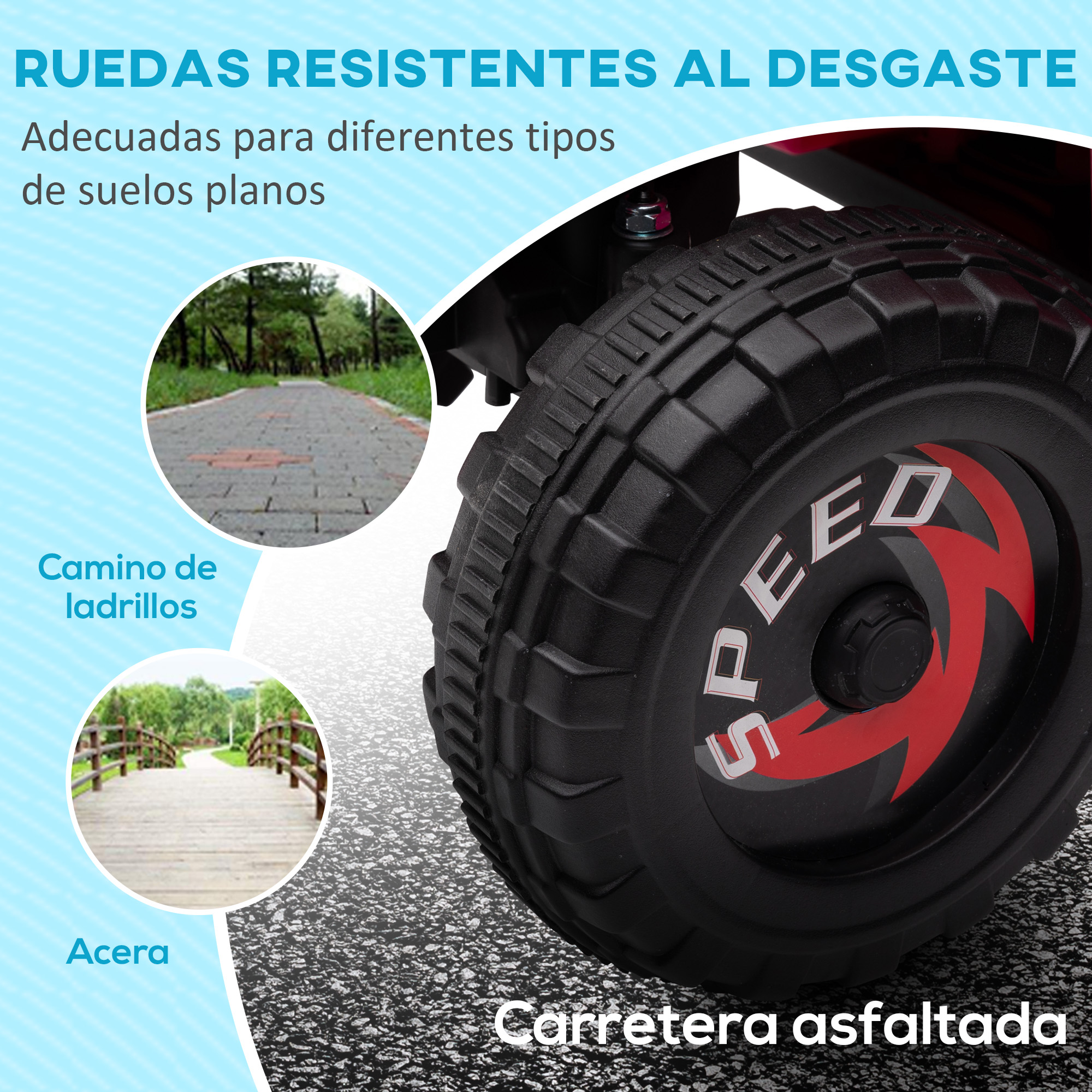 Imagen que muestra un neumático de automóvil con texto y tres imágenes circulares de diferentes tipos de carreteras.