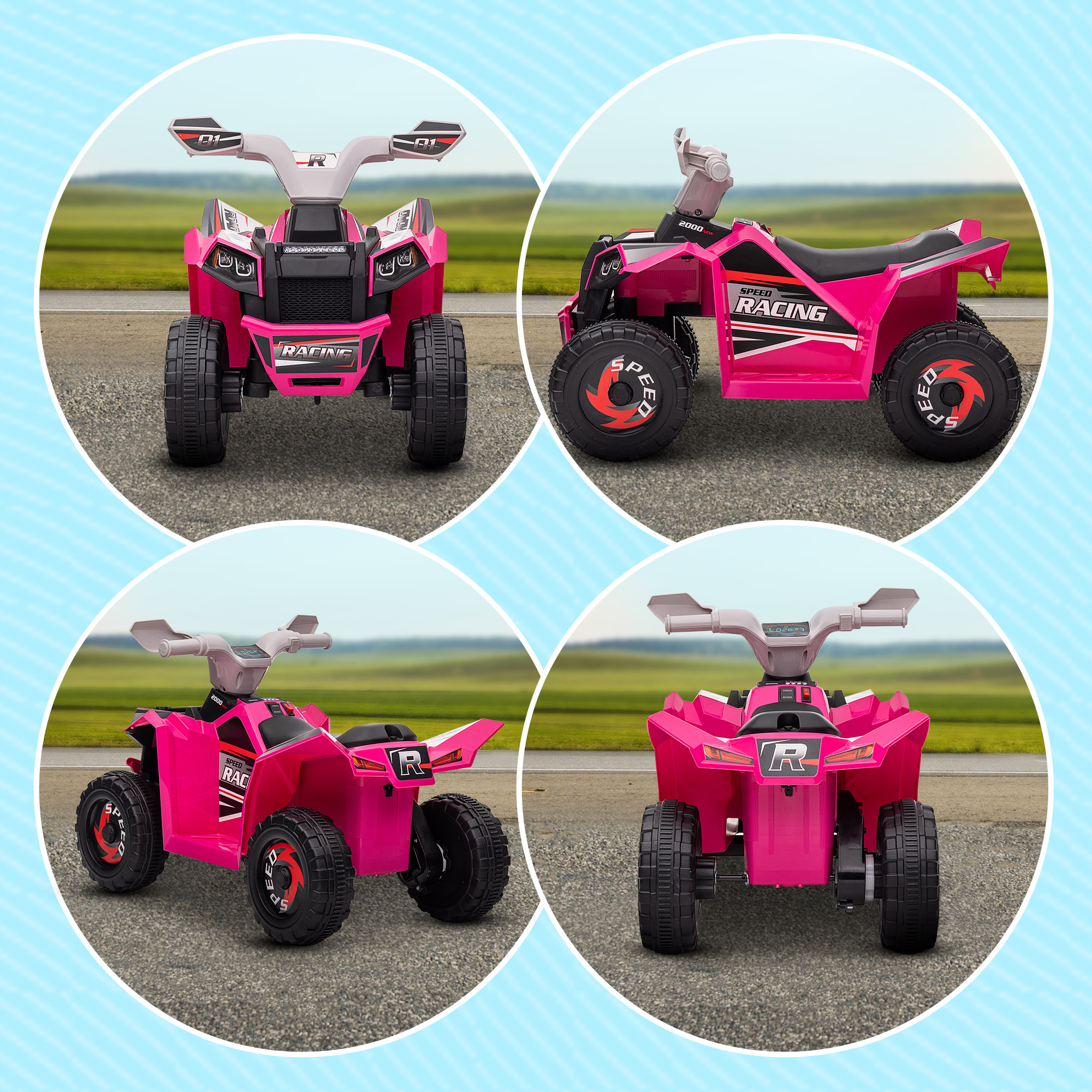 Cuatro vistas de un quad de juguete rosa. La moto tiene calcomanías de 'carreras' y 'velocidad'.