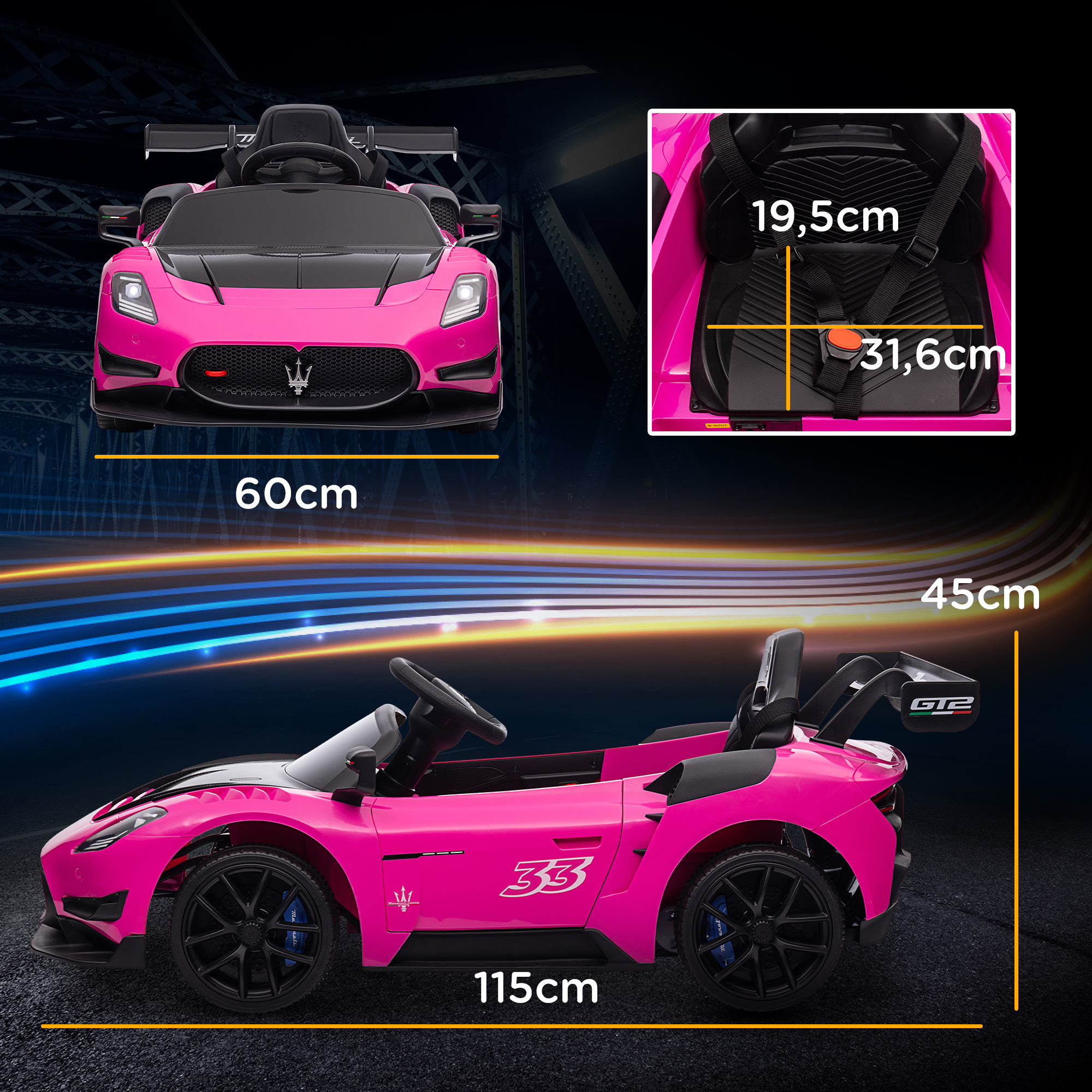 Coche de juguete rosa con dimensiones. Incluye asientos y diseño elegante, sobre fondo azul.