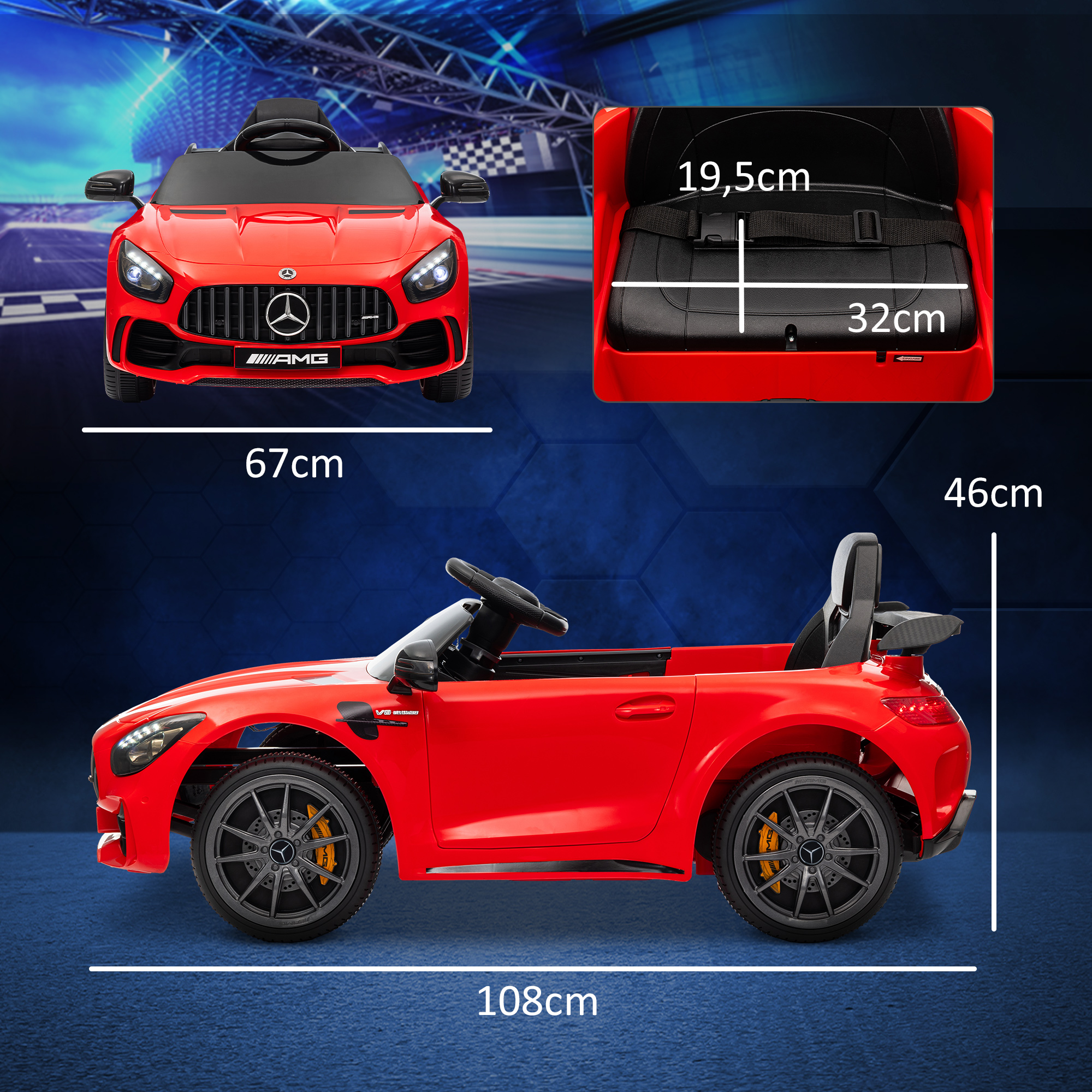 Un coche de juguete rojo con dimensiones y un asiento para niños, un coche rojo con ruedas negras.