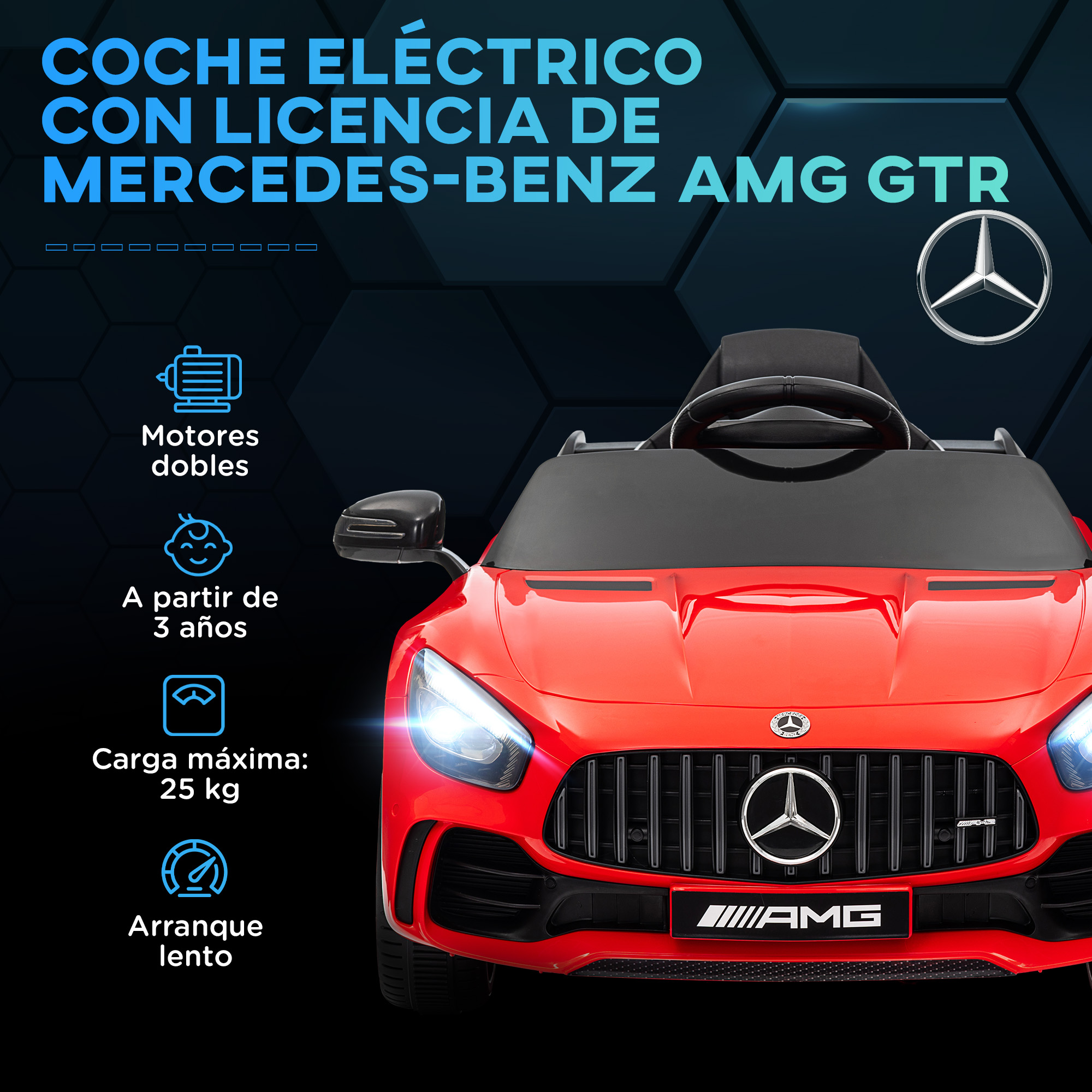 Coche de juguete rojo con texto: coche electrico con licencia de Mercedes-Benz AMG GTR.