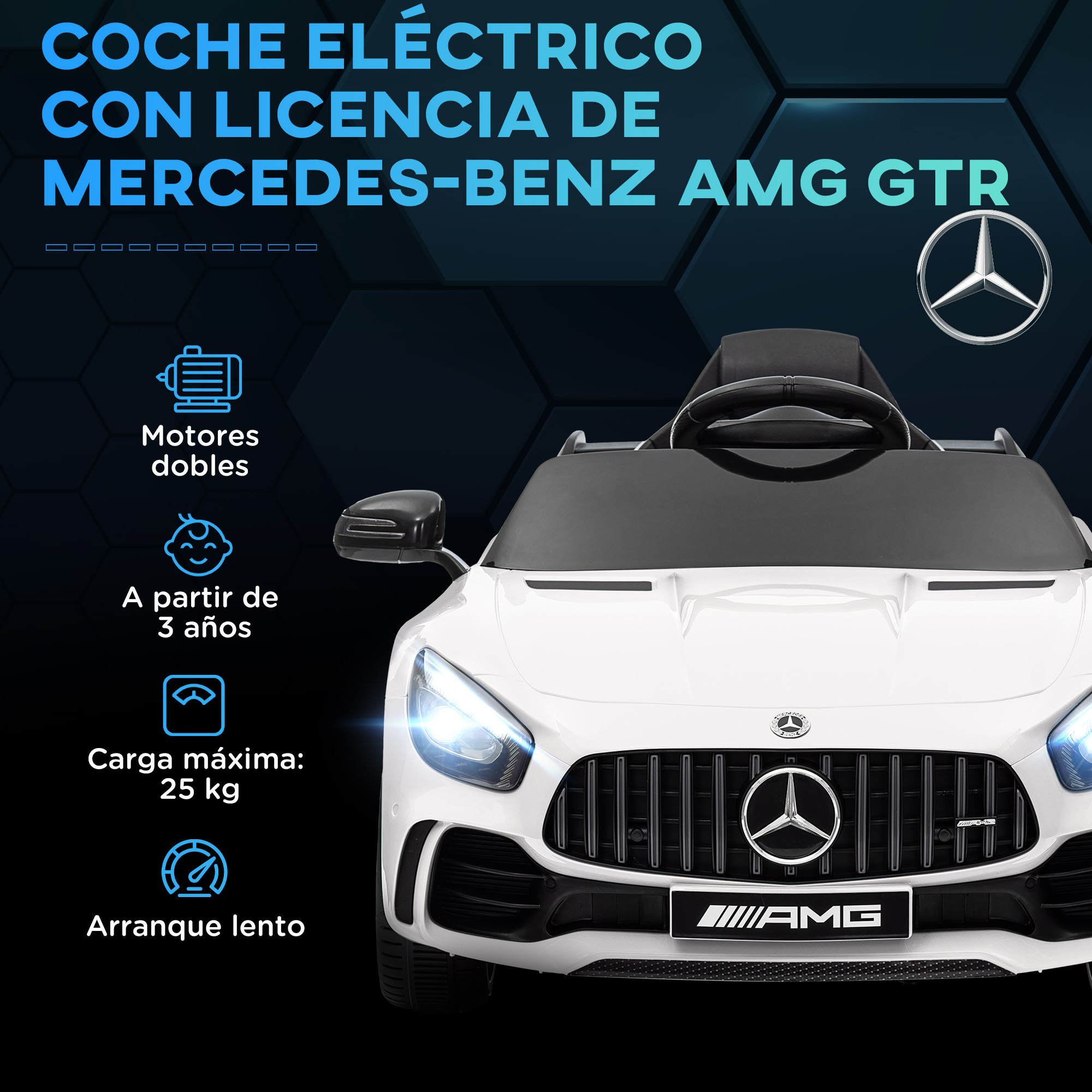 Un coche de juguete blanco con detalles y texto en el fondo, sobre fondo blanco.