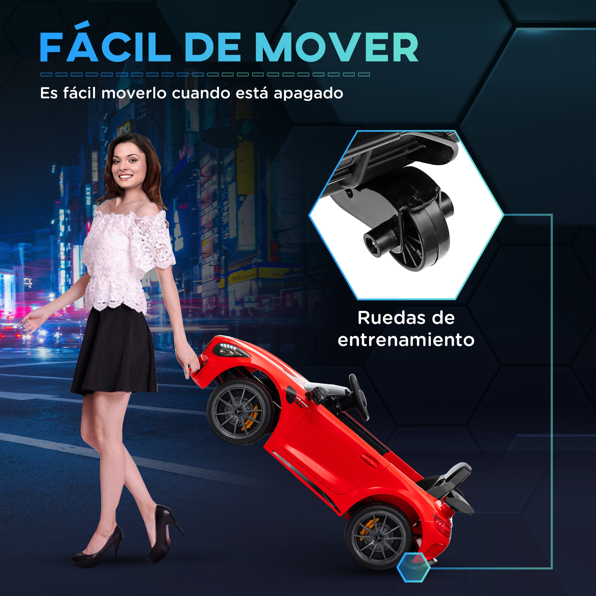 Mujer con coche de juguete rojo. El coche tiene ruedas de entrenamiento. Texto dice 'Fácil de mover'.