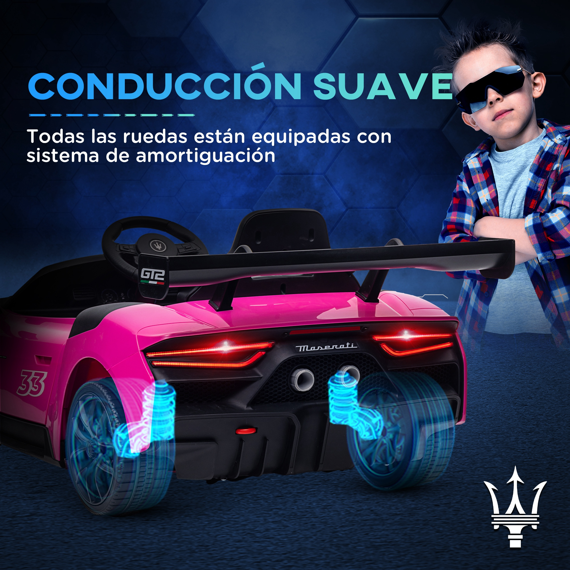 Coche de juguete Maserati rosa con un niño con gafas de sol. Texto en español en el fondo.