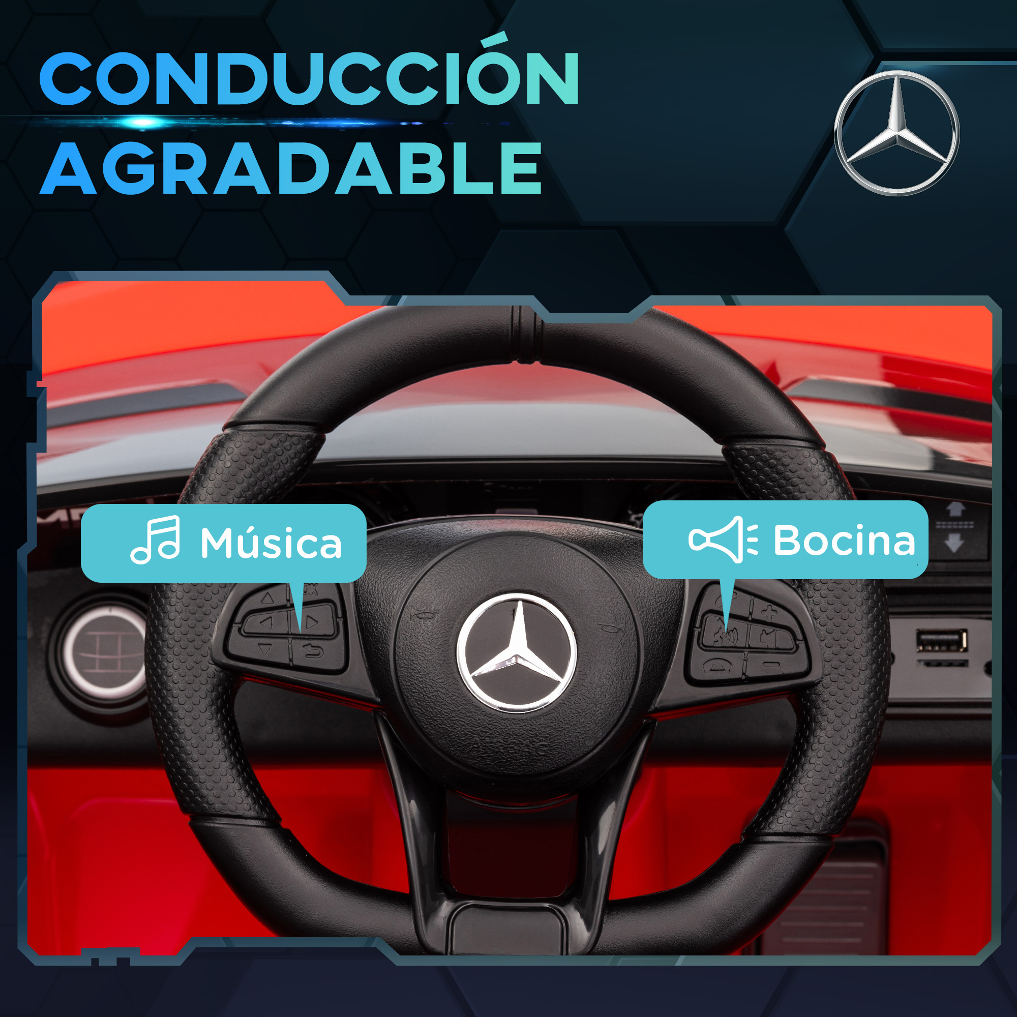 Un volante rojo con botones. El logo de Mercedes está en el centro. Iconos de burbujas de texto.
