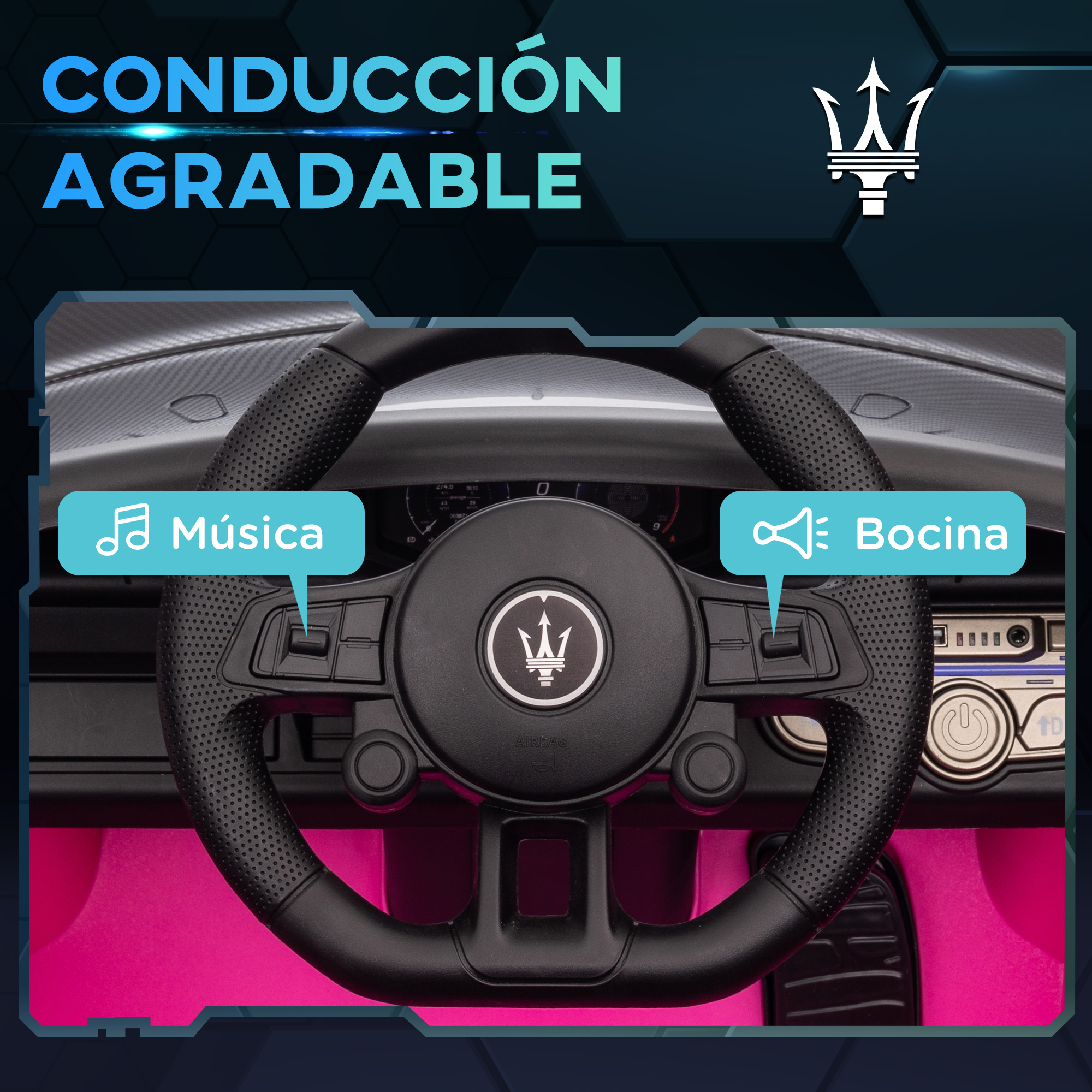 Volante de coche de juguete Maserati con iconos de música y bocina.