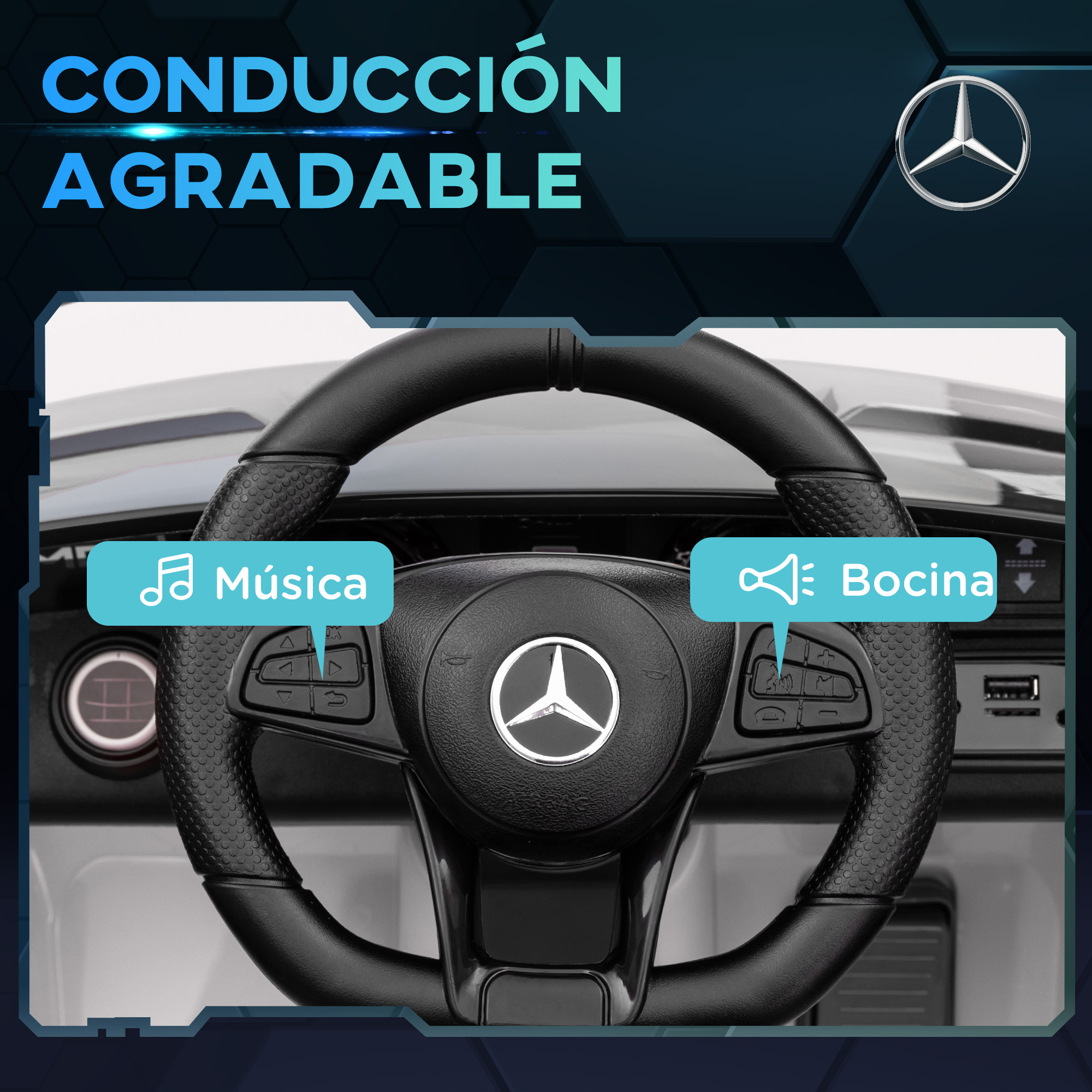 Volante de coche con botones de música y bocina. Negro y plateado. Fondo negro.
