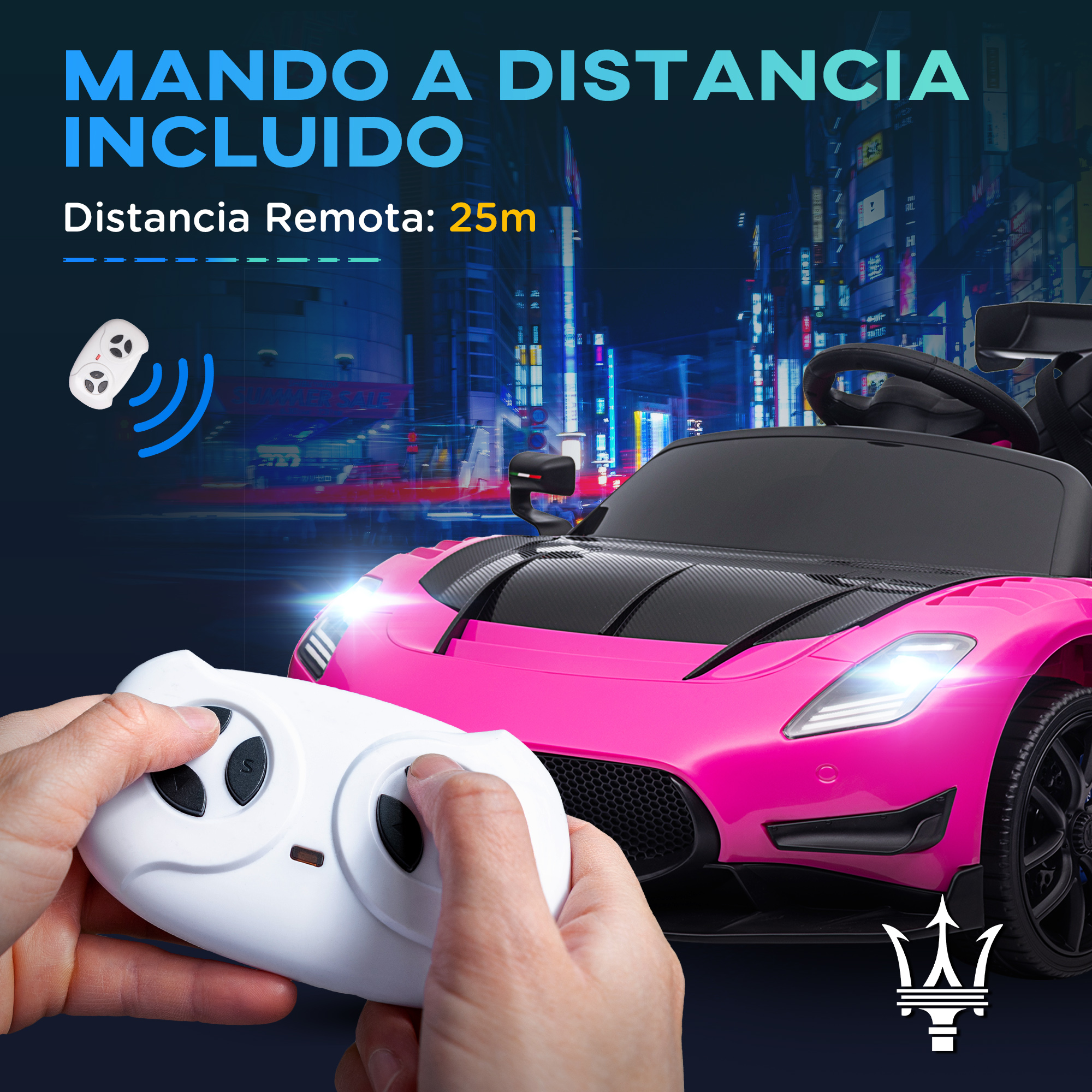 Coche de juguete rosa con mando a distancia. Elementos gráficos blancos y azules.