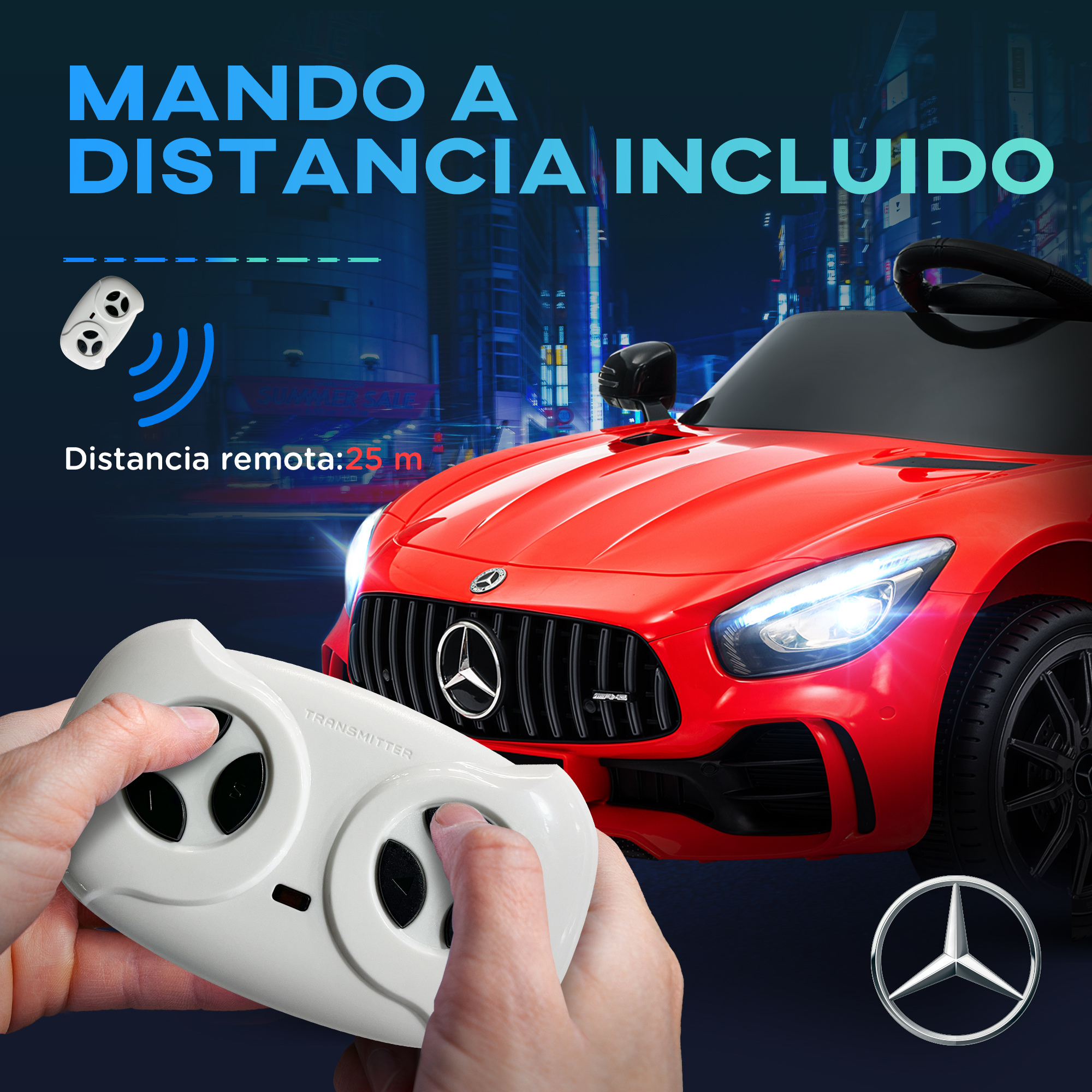 Un coche de juguete rojo con mando a distancia y texto. El mando se sujeta con las manos.
