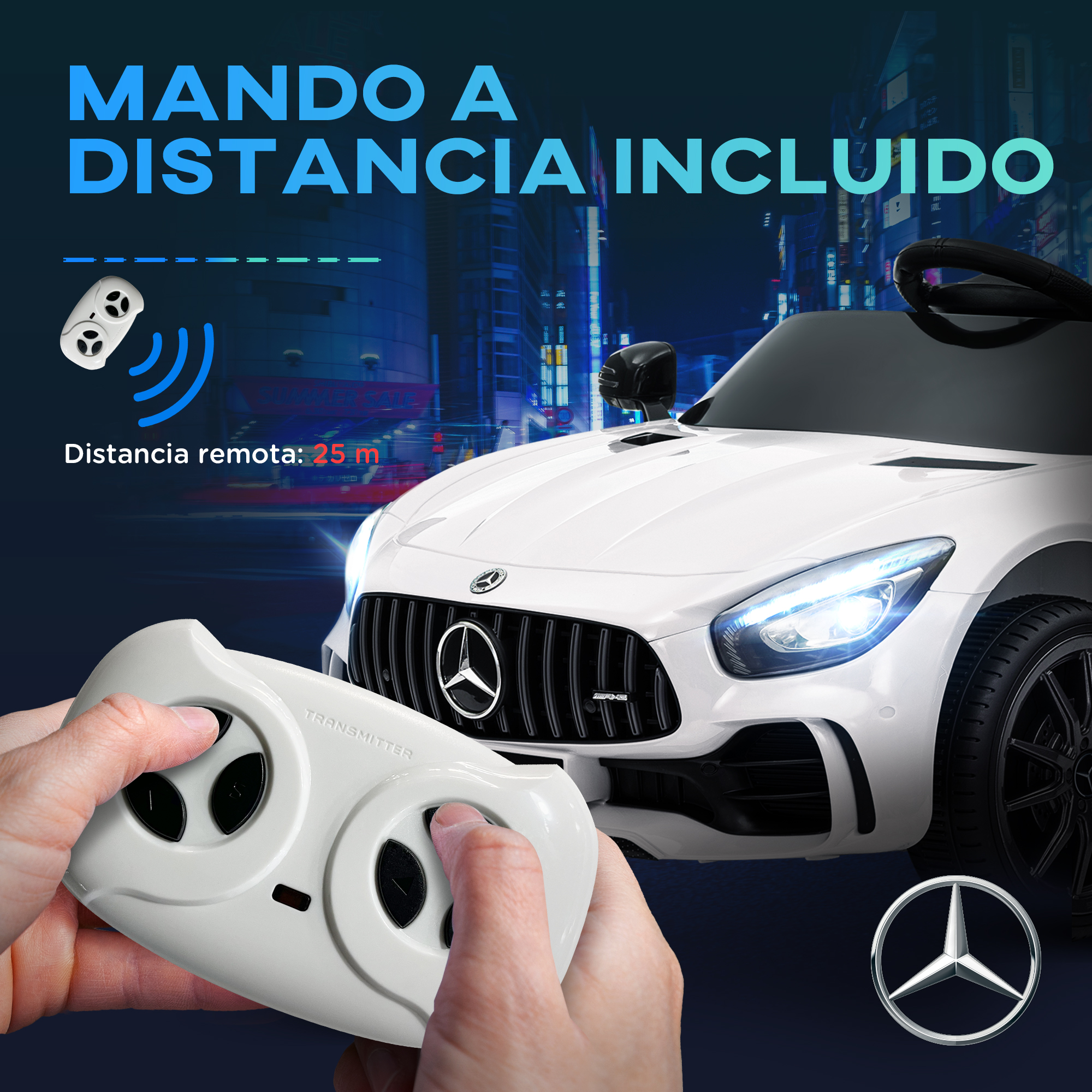 Un coche de juguete blanco con mando a distancia. Una mano sostiene el mando, otra señala 25 m.