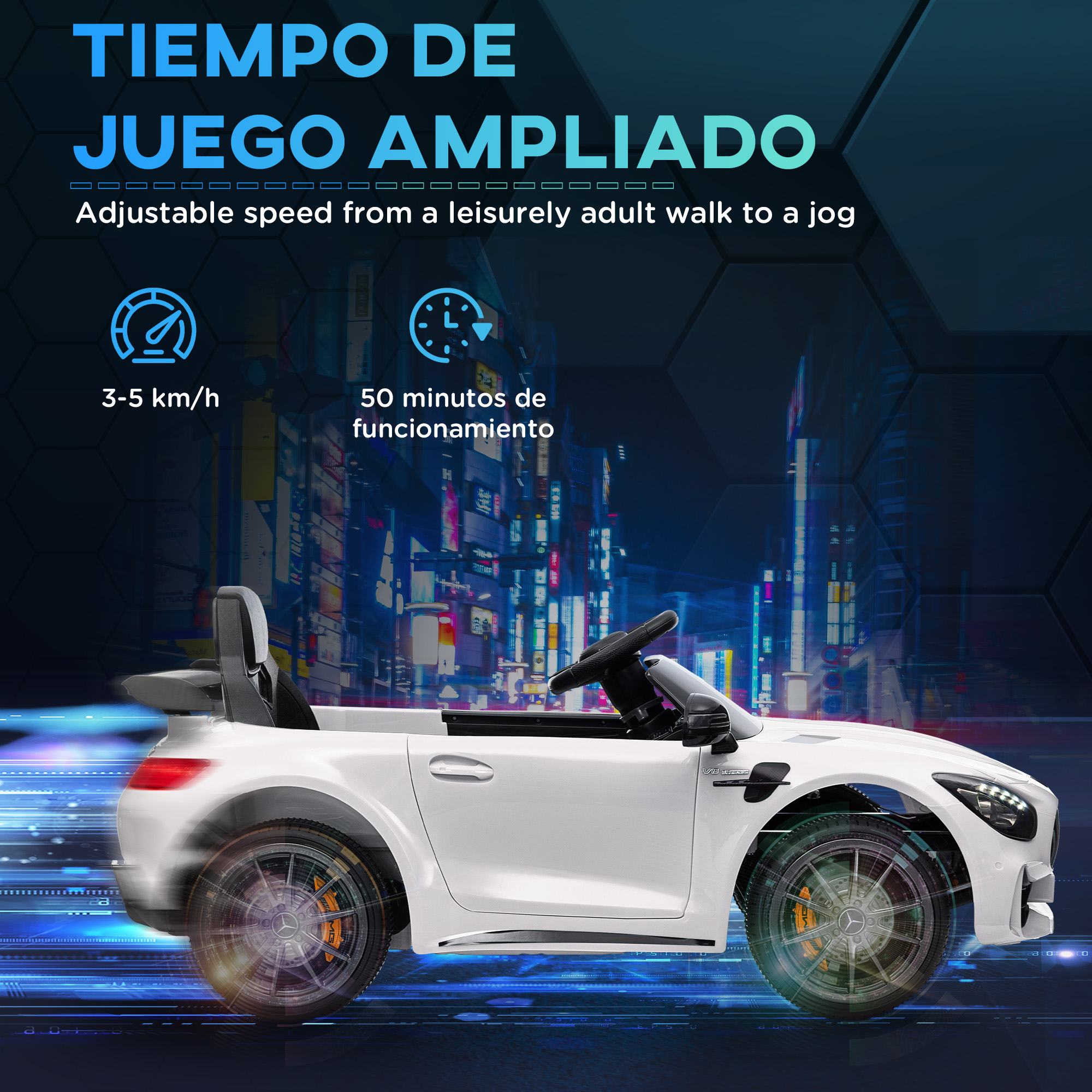 Coche de juguete blanco con luces rojas, con el texto 'TIEMPO DE JUEGO AMPLIDADO'.