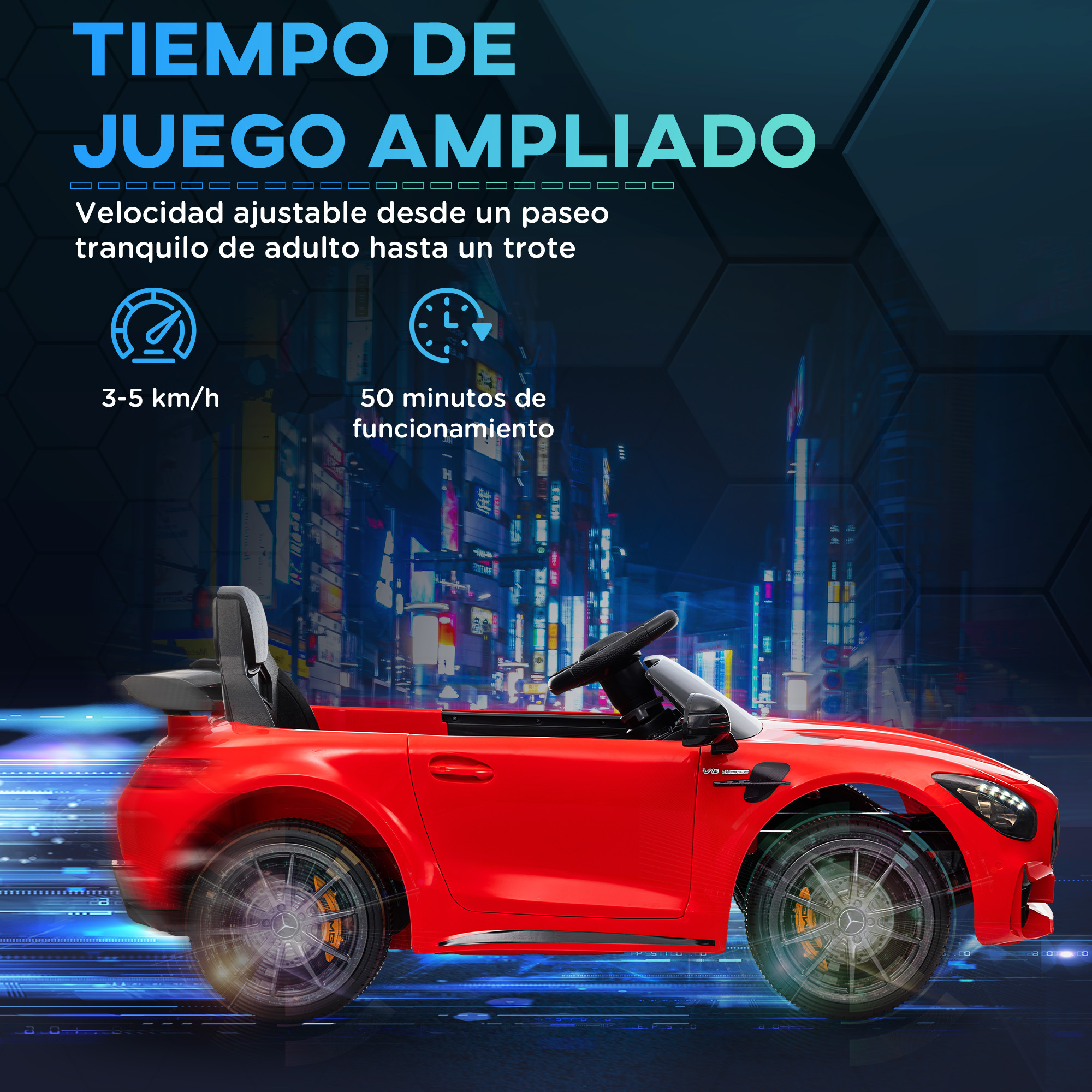 Coche de juguete rojo con texto sobre tiempo de juego. El coche está en movimiento en una calle.