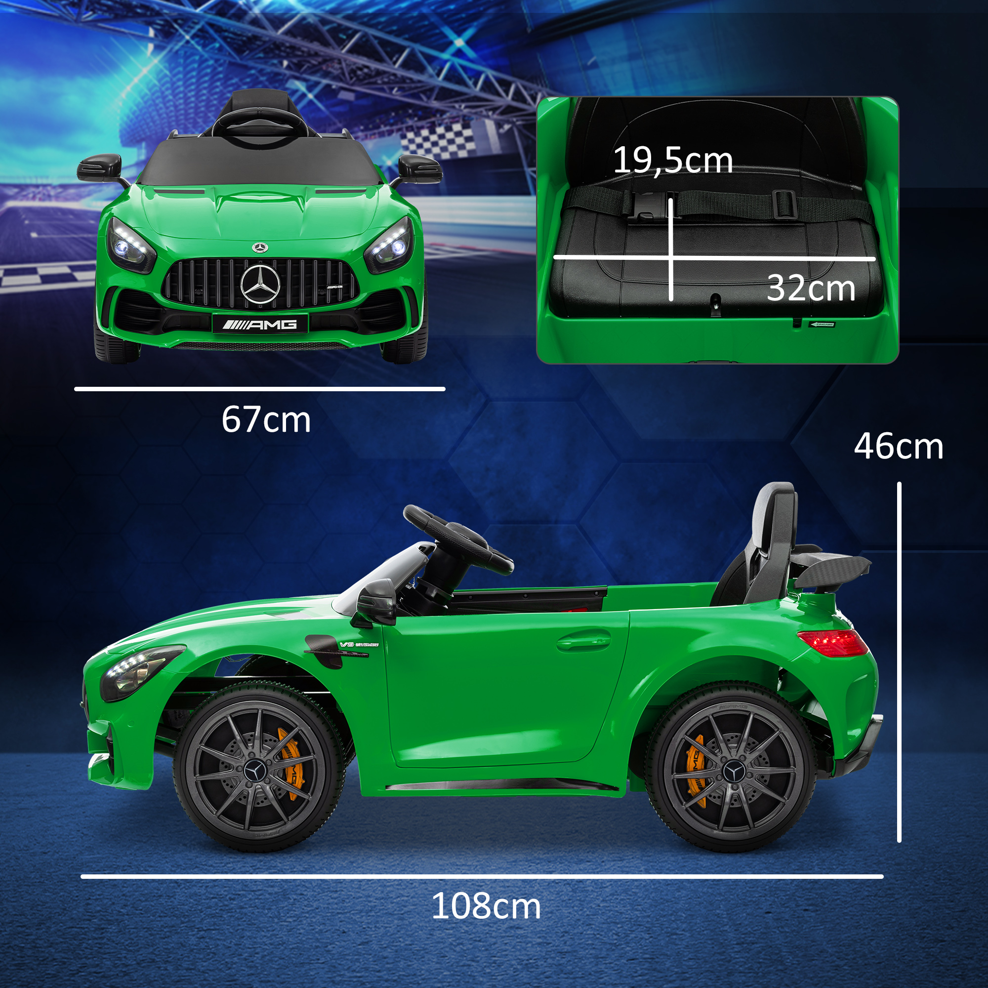 Coche de juguete verde con dimensiones. Incluye vista del asiento.